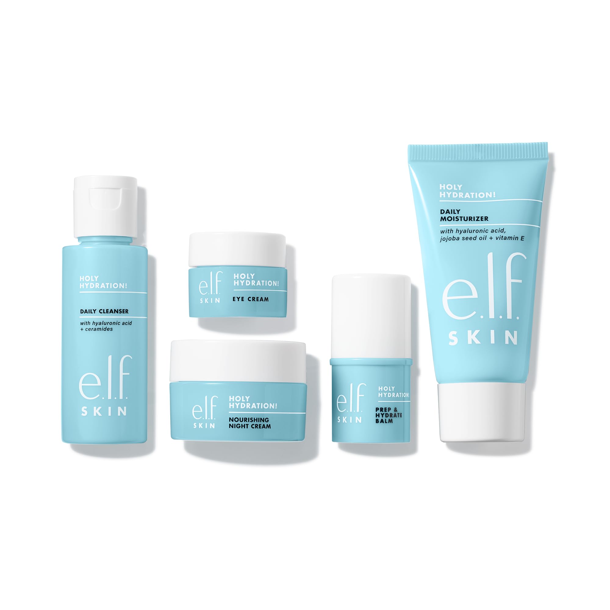 e.l.f. SKIN Holy Hydration! Jet Set Hydration Kit - Travel Friendly Hydrating Skincare Set with Face Cleanser, Balm, Moisturizer, Eye Cream & Night Cream | Vegan & Cruelty-Free | Perfect for On-The-Go Skincare & Airplane Travel Essentials