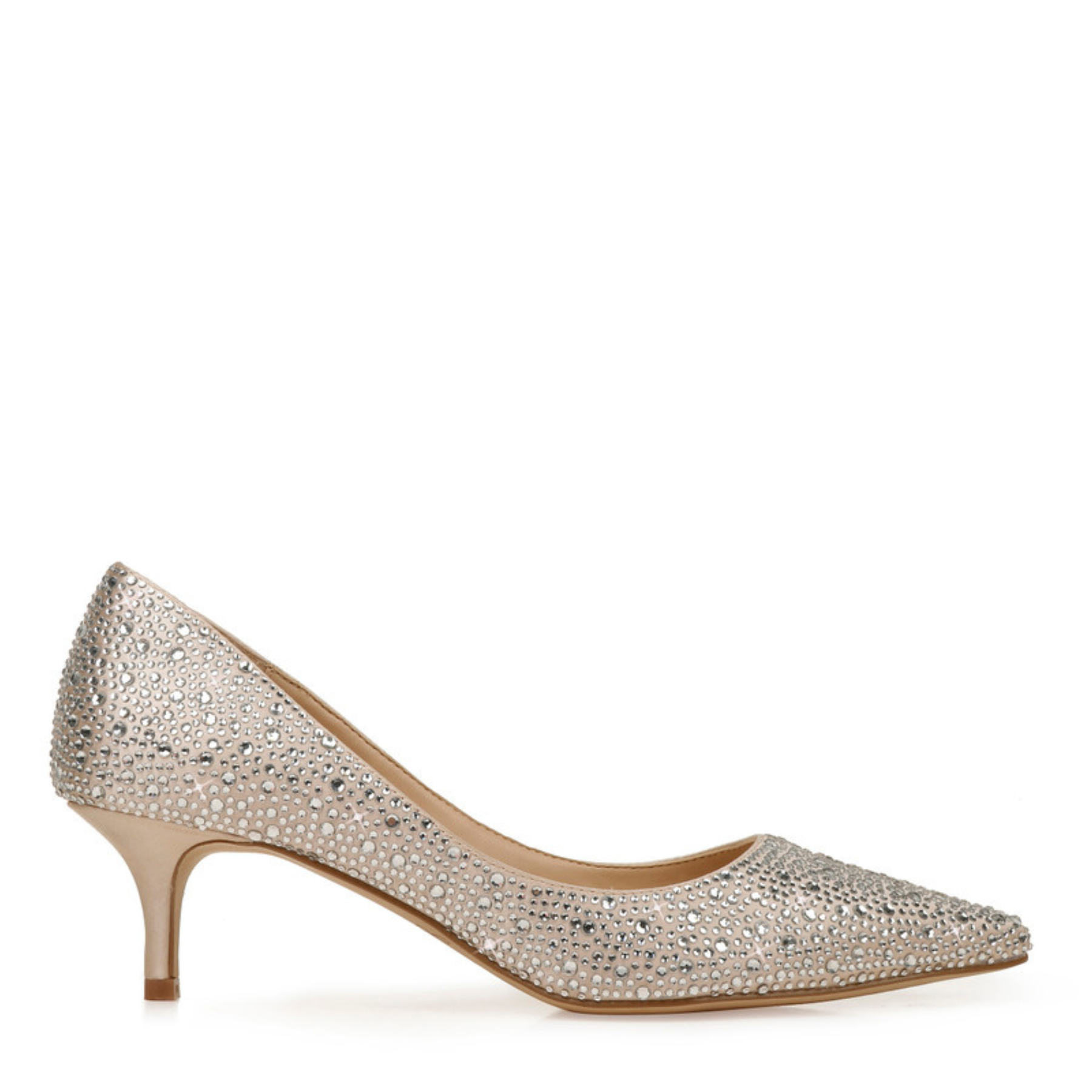 Crystal Embellished Pointed Toe Kitten Heels for Women - Wide Fit Comfortable Pumps - Champagne Nude Wedding Party Shoes for Bridesmaids & Evening Events