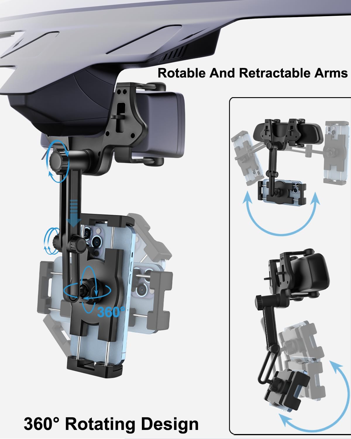 360° Rotatable Anti-Shake Car Phone Mount for Rearview Mirror - Universal Phone Holder for iPhone 16/15/14/13/12 Pro Max, Samsung Galaxy - Retractable Clip with 4 Secure Grips - Perfect for GPS Navigation & Hands-Free Driving