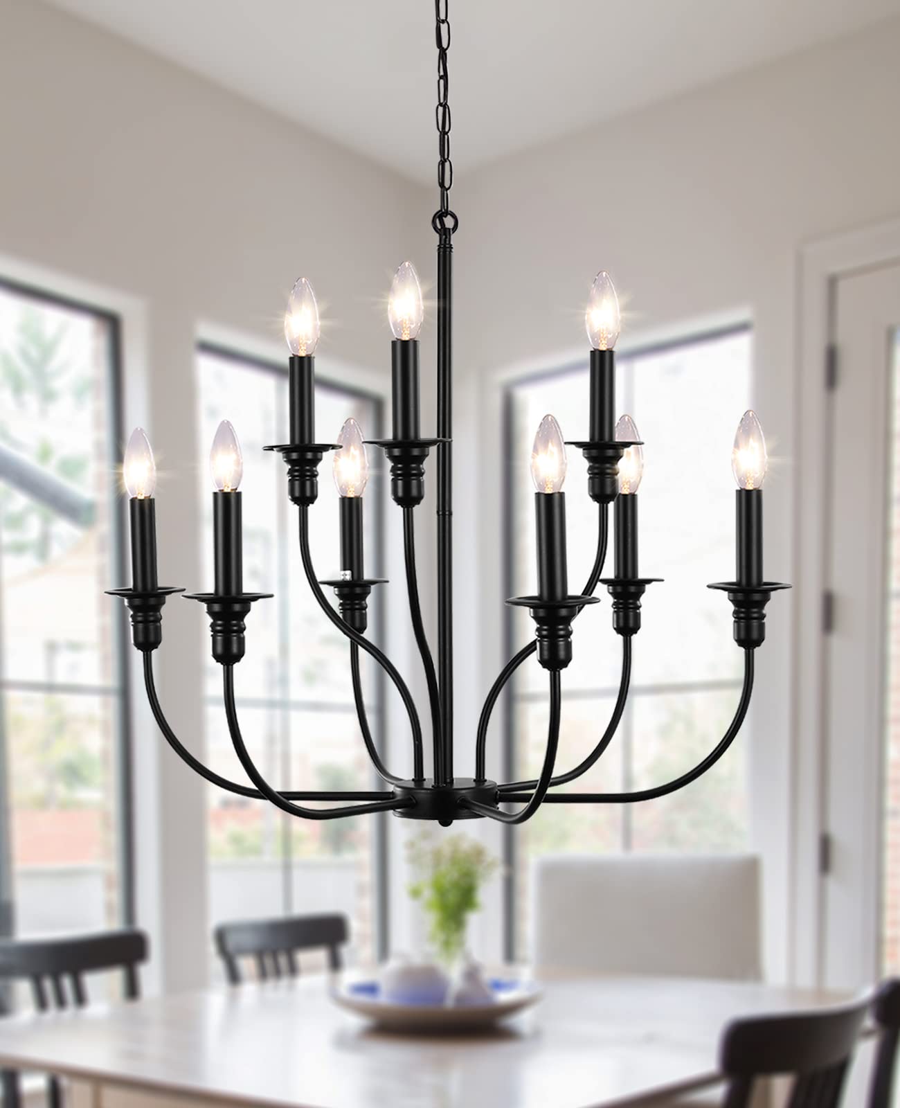 LASENCHOO 9-Light Matte Black Farmhouse Chandelier - Rustic Industrial Pendant Lighting for Dining Room, Living Room, Foyer, Bedroom & Kitchen Island | Dimmable Candle-Style Fixture for Cozy Ambiance & Vintage Decor