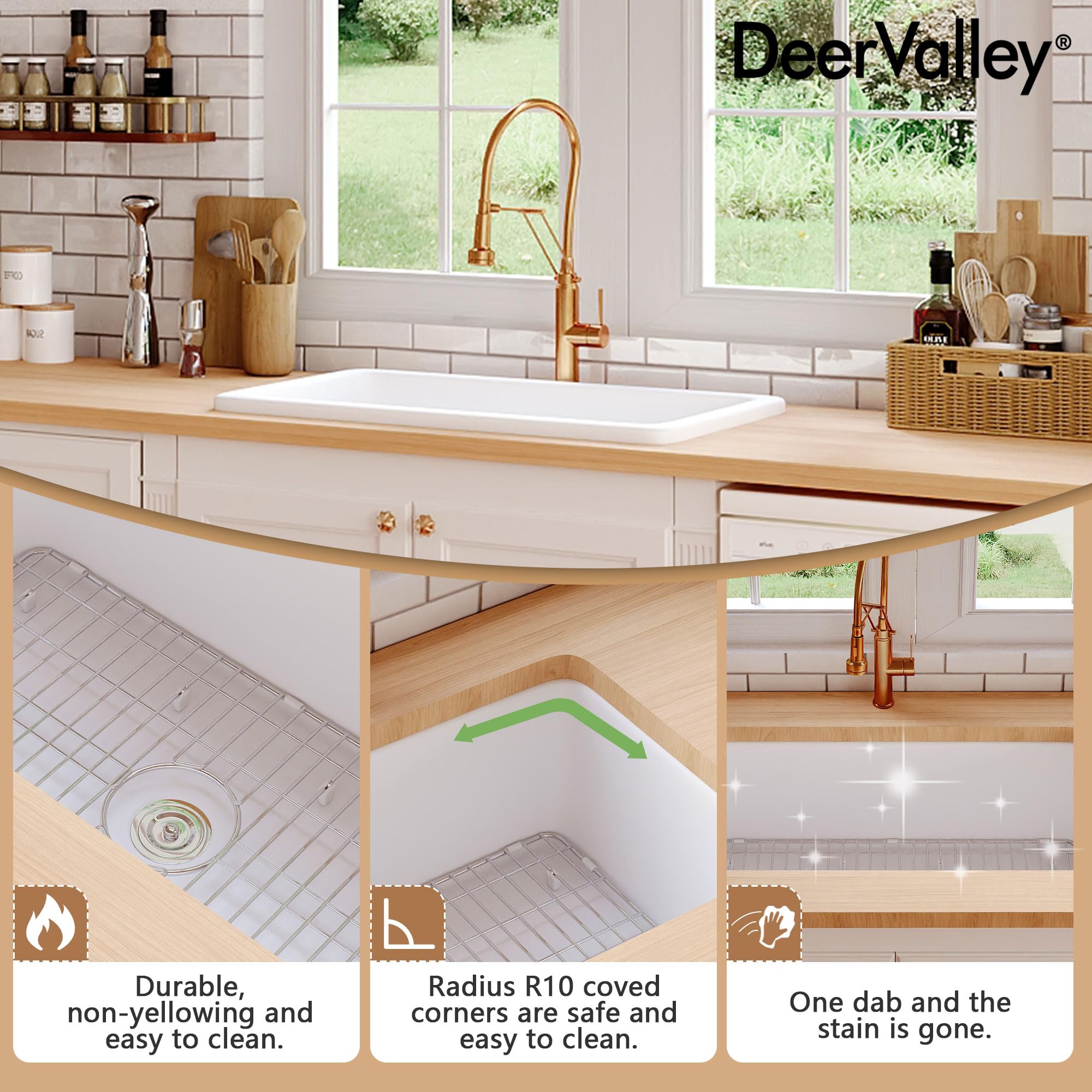DeerValley Fireclay White Undermount Kitchen Sink - 32 x 19 Inch Single Bowl Farmhouse Sink with Grid & Basket Strainer - Perfect for Modern Farmhouse, Rustic, and Traditional Kitchen Designs