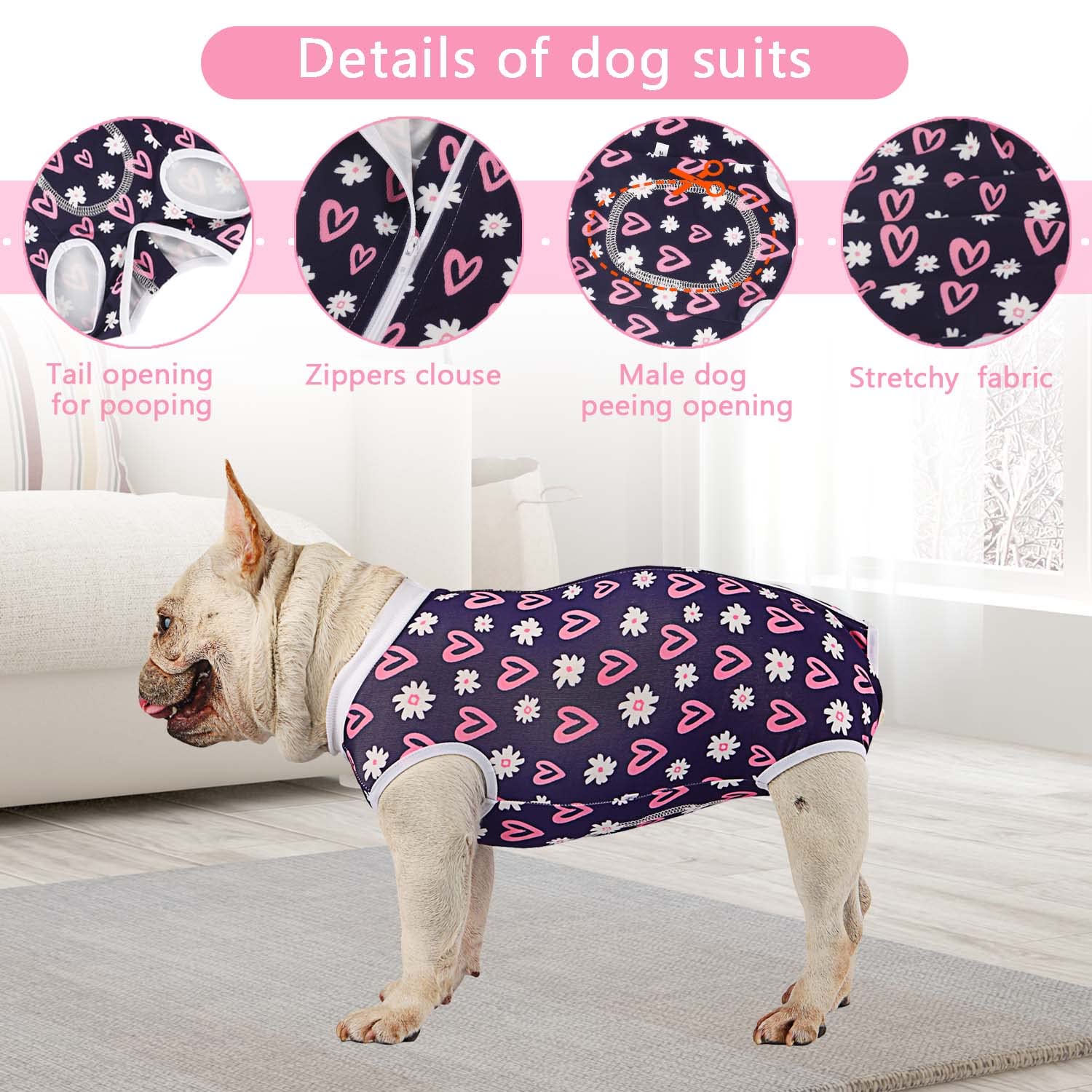 Etdane Dog Recovery Suit for Surgery - Post-Spay/Neuter Onesie with Pee Hole for Small & Medium Dogs (Love/Flower/Large) - Perfect for Post-Op Care & Wound Protection