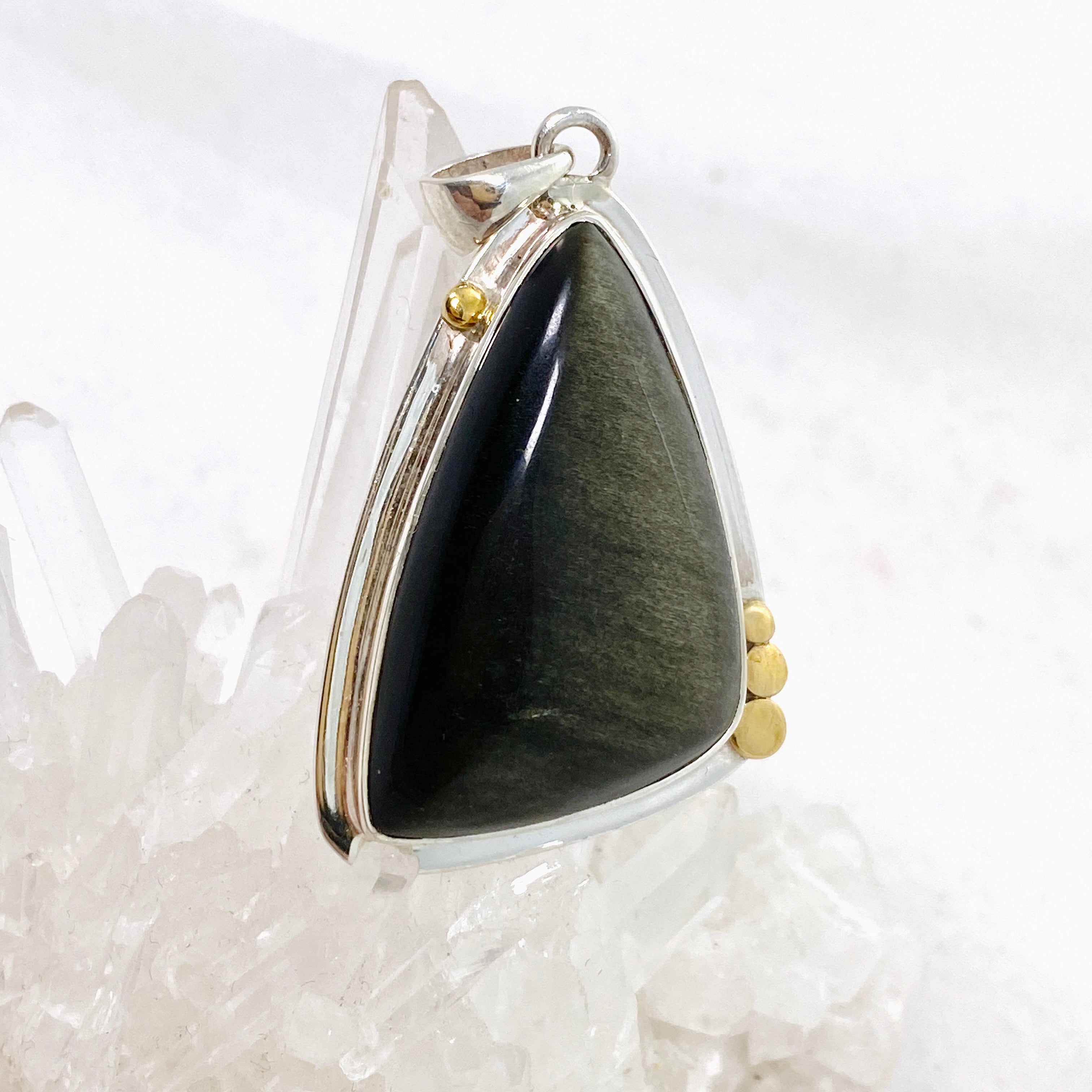 Goldsheen Obsidian Freeform Cabochon Pendant - Handcrafted Silver Jewelry with Decorative Setting KPGJ4762 | Perfect for Meditation, Energy Healing & Boho Fashion