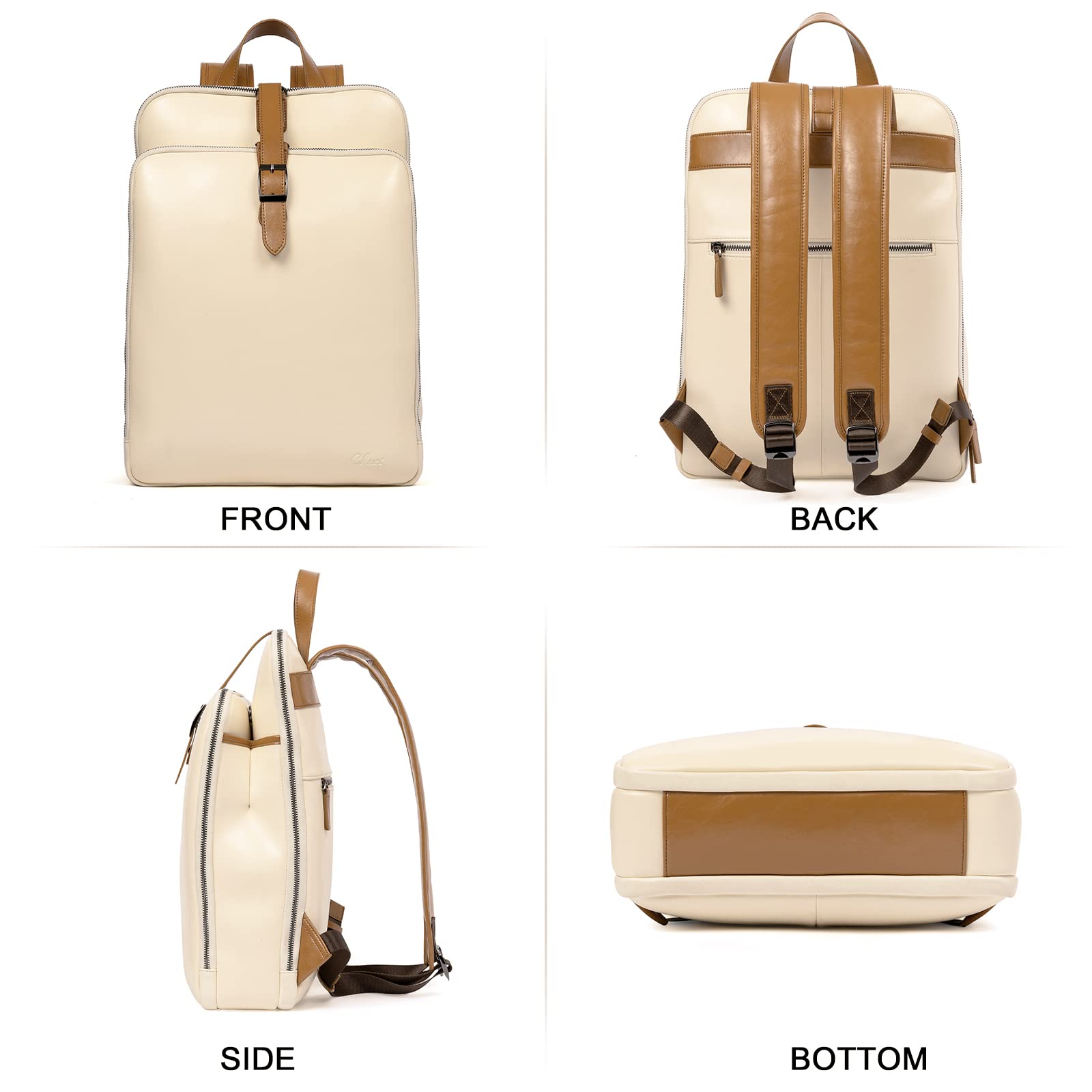 CLUCI Women's Leather Laptop Backpack - 15.6 Inch Stylish Travel Computer Bag, Business & College Daypack in Beige & Brown for Work, School & Commute