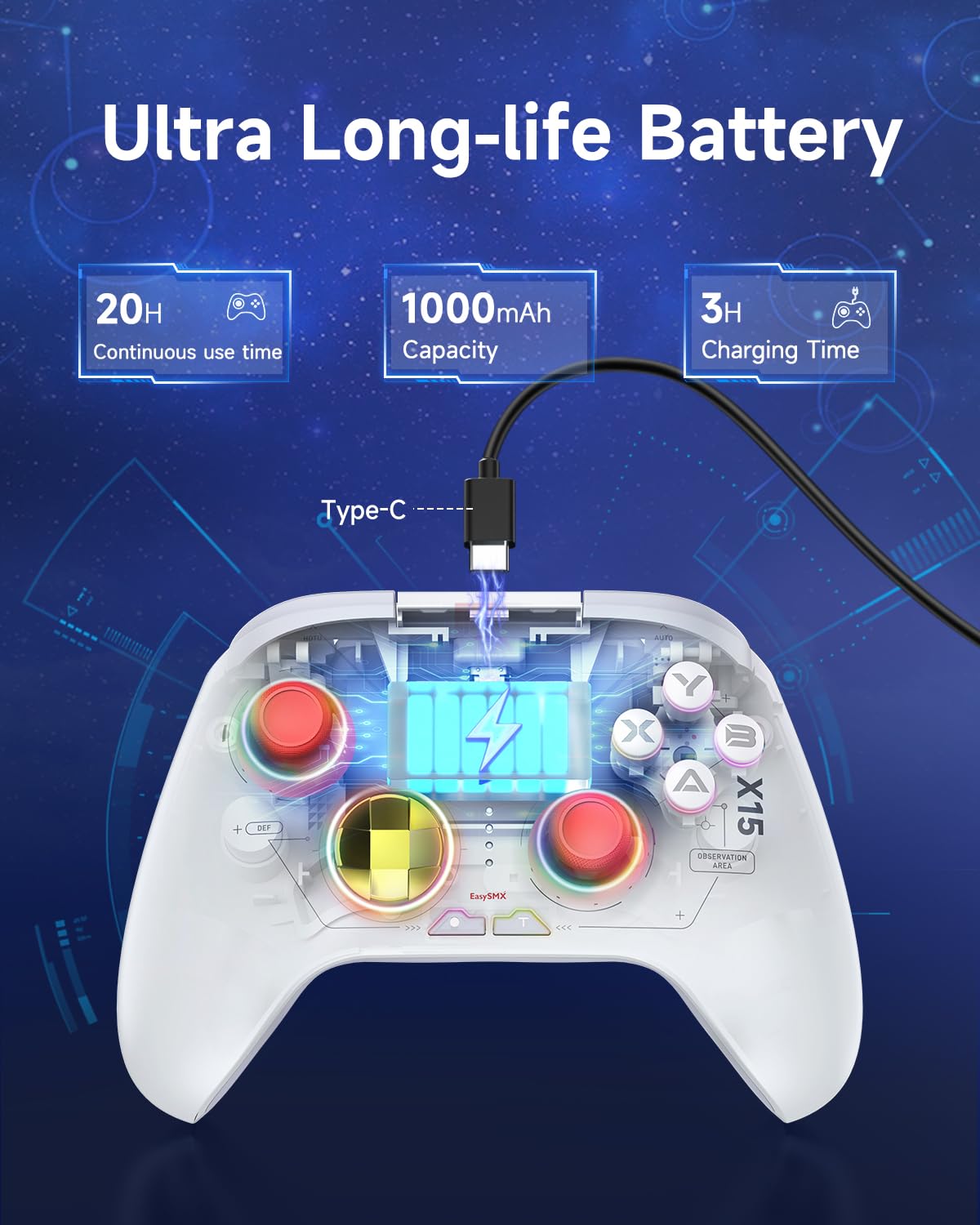Wireless RGB Backlit PC & Switch Controller - EasySMX X15 Gamepad for Mobile, Android, iOS, TV Box & Tesla - Starry Sky Design - Perfect for Gaming on PC, Switch, Phone & Tesla Screen Entertainment