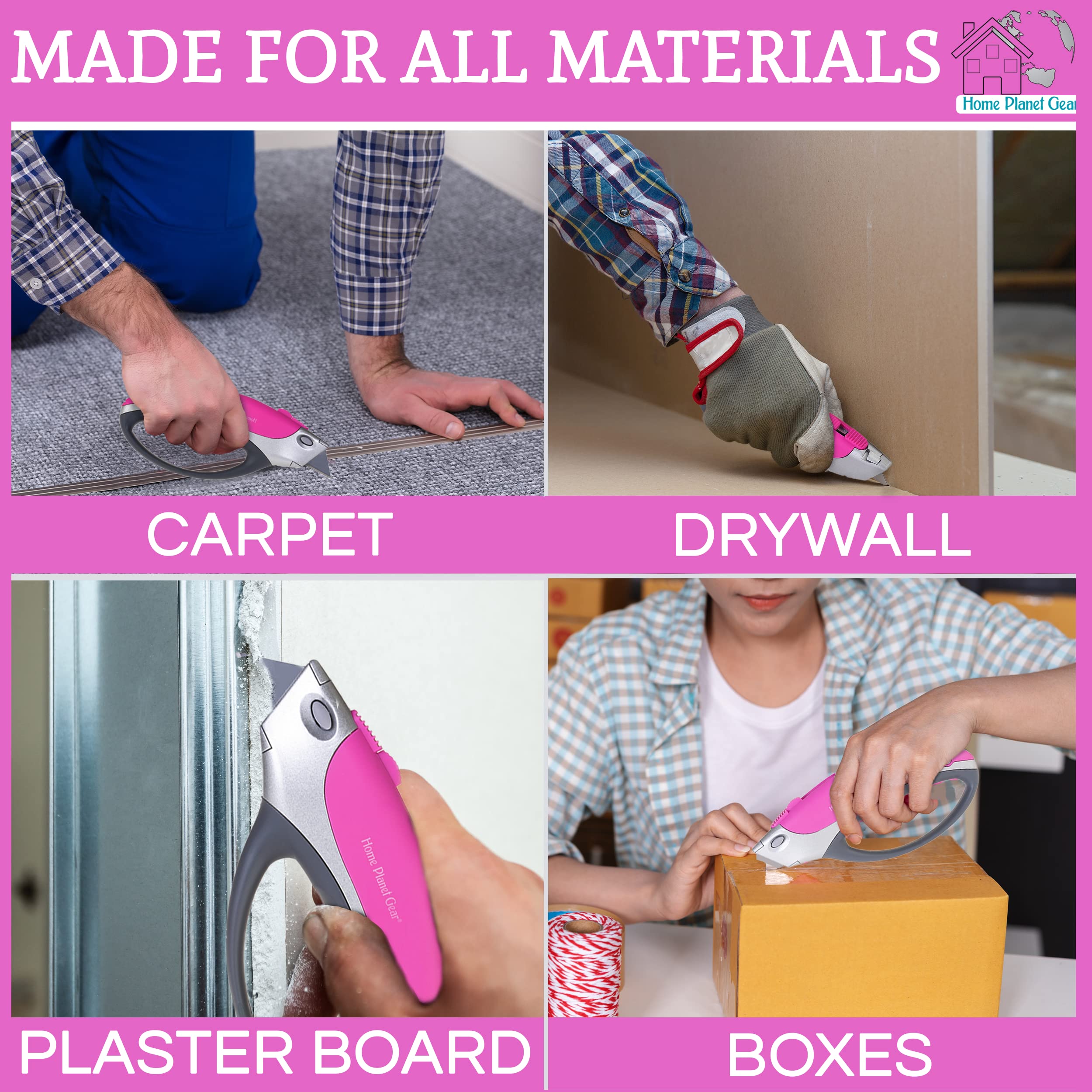 Heavy Duty Retractable Utility Knife - Pink Box Cutter with 5 Sharp Blades for Cardboard Cutting, Package Opening, Warehouse & Office Use