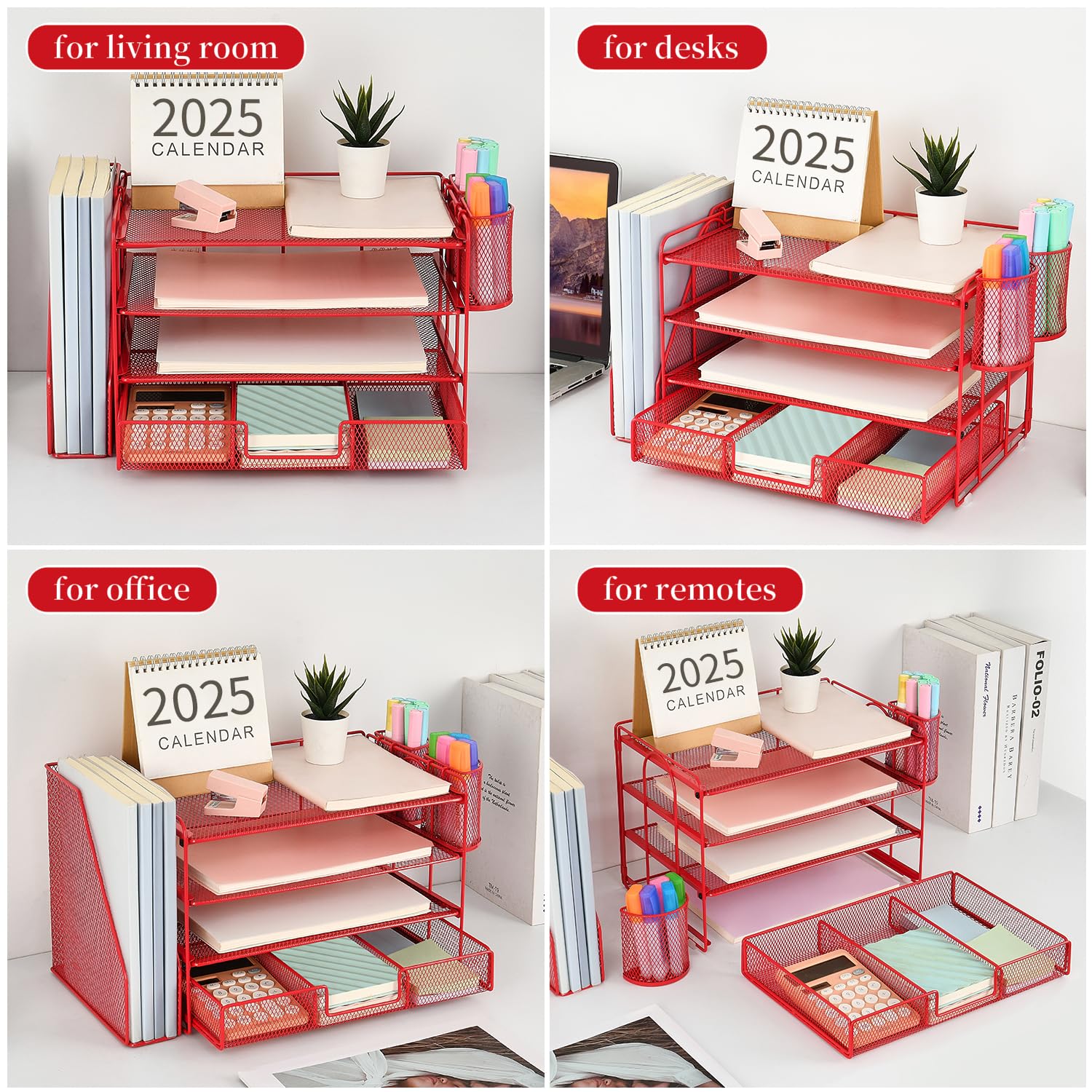 4-Tier Paper Letter Tray Organizer with File Holder & Drawer - Desk Accessories for Office Supplies, Workspace Organizer with 2 Pen Holders - Perfect for Home Office, School, and Workspace Organization (Red)