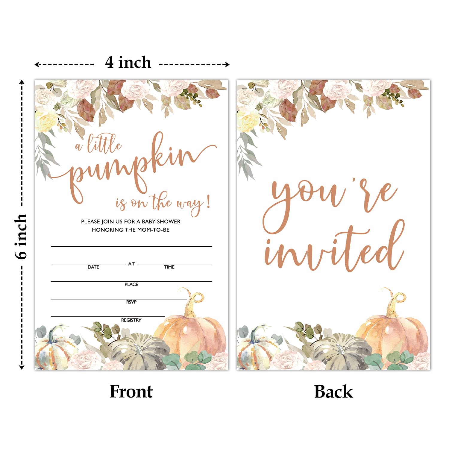 Little Pumpkin Baby Shower Invitations with Envelopes - Fall Thanksgiving Gender Reveal & Baby Announcement Cards, Double-Sided Fill-In Invites for Baby Shower Party Decorations - Perfect for Autumn Celebrations and Holiday Gatherings