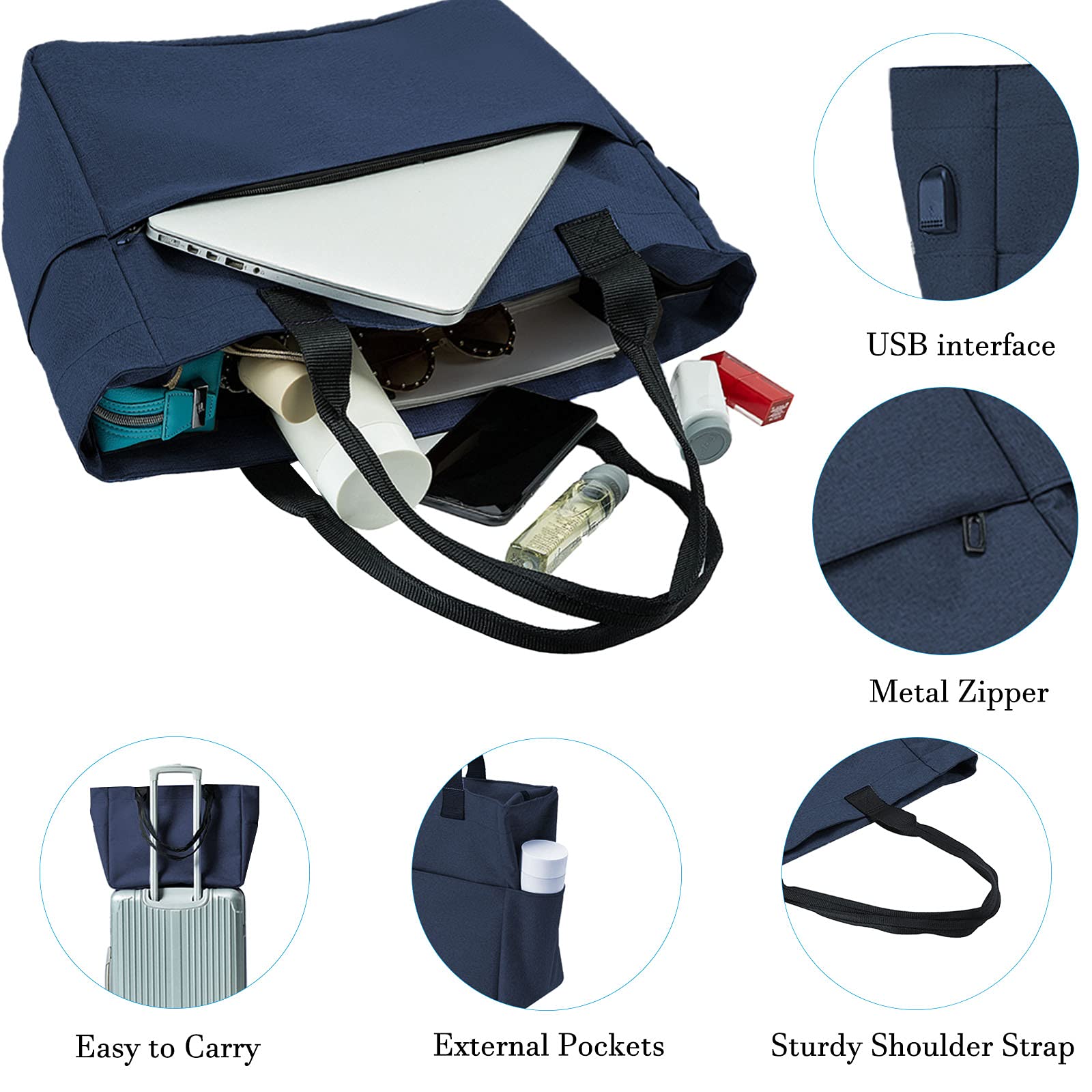 Stylish Large Tote Bag for Women - 15.6-17 Inch Laptop Work Bag with Secure Zipper | Perfect for Nurses, Teachers & Students | Durable Book Bag & Professional Handbag for Office, School & Daily Commute (Blue)