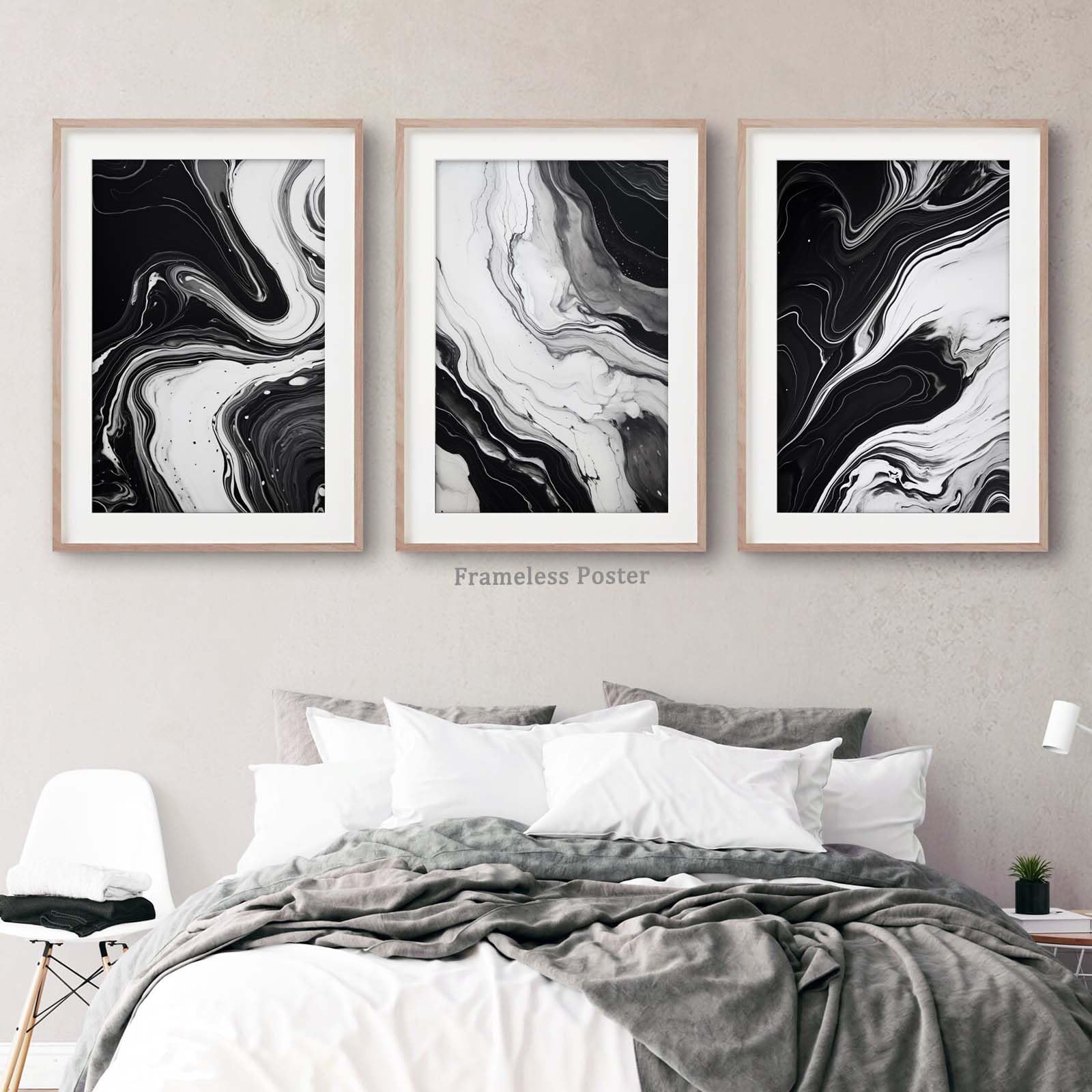 Abstract Black White Gray Marble Canvas Wall Art Set of 3 - 16x24 Inch Modern Painting for Living Room & Bedroom Decor - Frameless Marble Poster for Contemporary Home & Office Interior Design