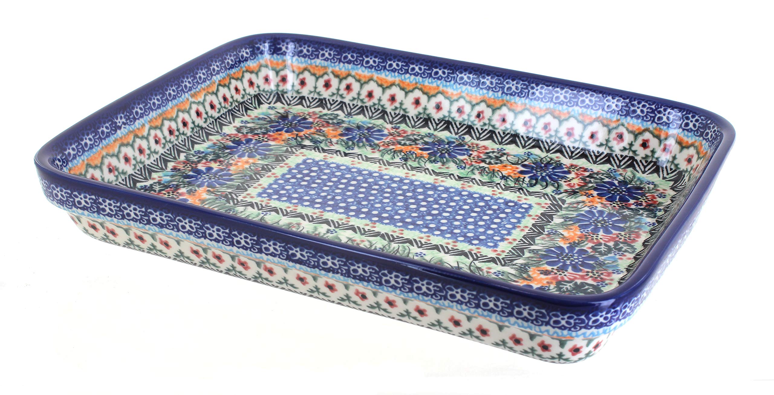 Blue Rose Polish Pottery Ashley Large Rectangular Baker - Handmade Ceramic Baking Dish for Casseroles, Lasagna & Roasts - Perfect for Holiday Dinners & Family Gatherings