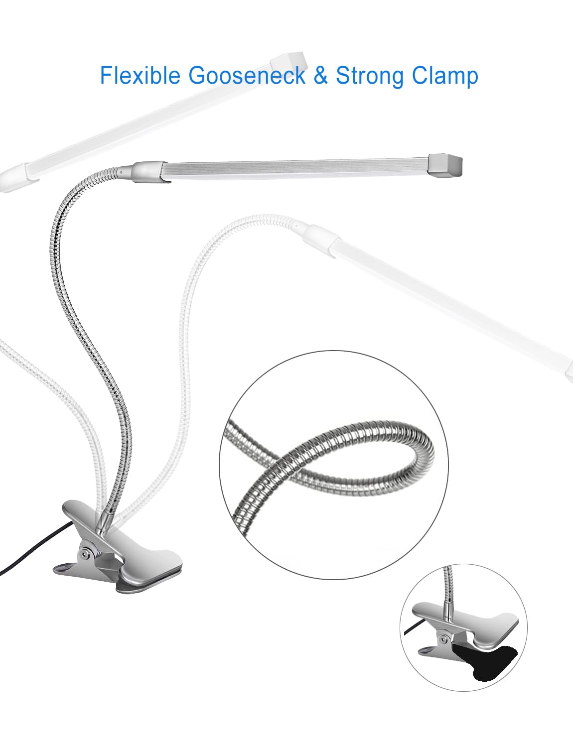 Professional LED Nail Desk Lamp with Adjustable Clamp - 3 Color Modes & 10 Brightness Levels, Flexible Gooseneck Manicure Light for Tattoo Artists, Makeup, Sewing, Crafts & Nail Technicians - Perfect for Salon, Home & Professional Use (Silver)