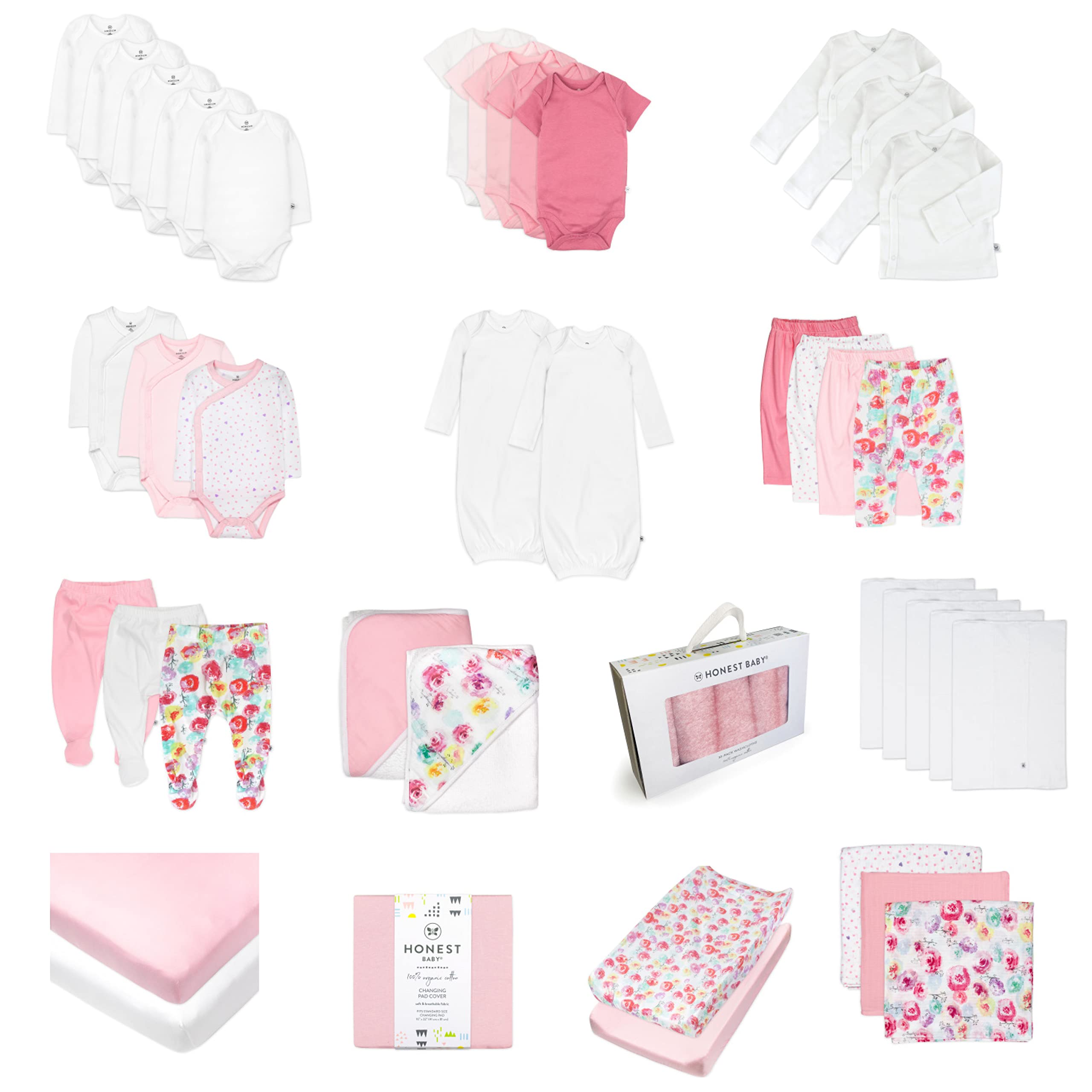 HonestBaby 50-Piece Organic Cotton Newborn Essentials Gift Set - 100% Soft Baby Clothes for Boys, Girls & Unisex Infants | Perfect Baby Shower Gift & First Outfit
