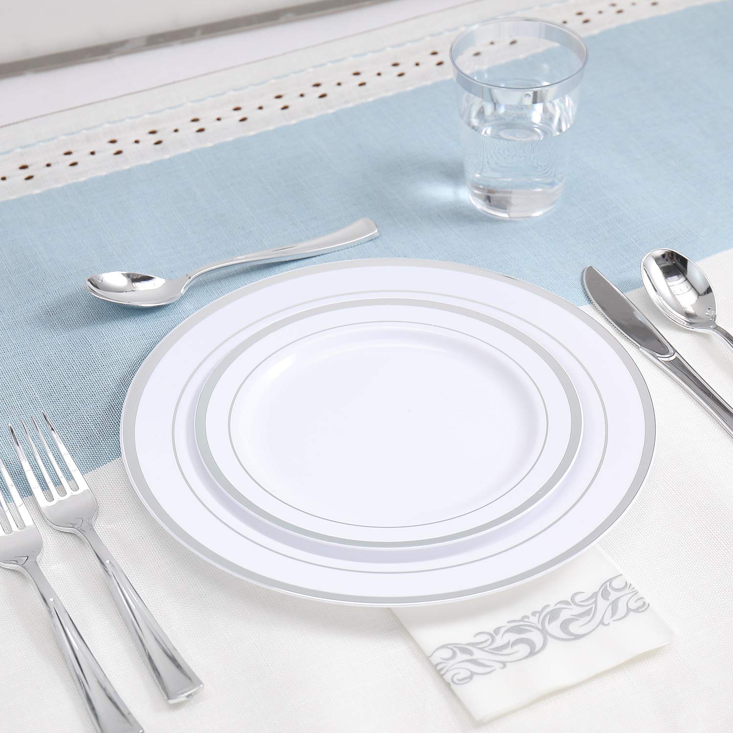 FOCUSLINE 175-Piece Silver Dinnerware Set for 25 Guests - Elegant Disposable White Plastic Plates with Silver Rim, Includes 25 Dinner Plates, Dessert Plates, Silverware Sets, Cups & Napkins - Perfect for Weddings, Parties, Catering & Special Events