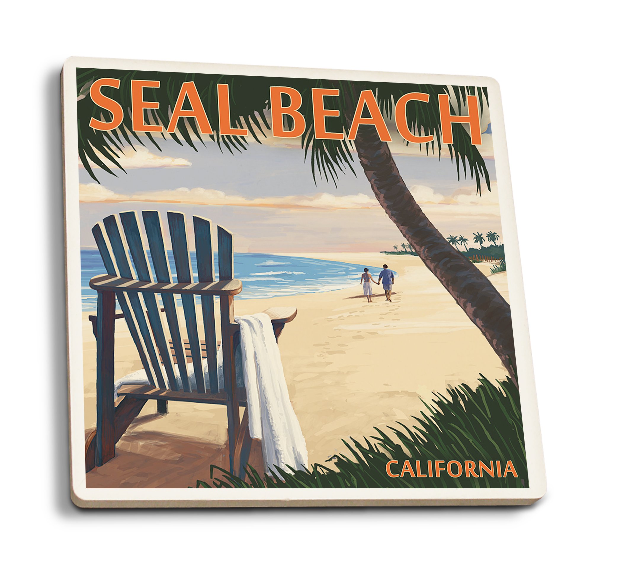 Absorbent Ceramic Coasters Set of 4 - Seal Beach Sunset & Adirondack Chairs Design - Cork Backed for Kitchen Table Decor - Perfect for Coffee Tables, Dining Rooms & Outdoor Entertaining