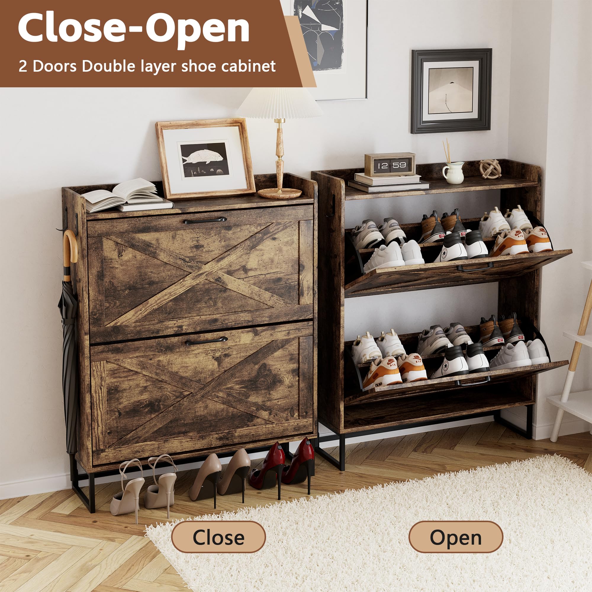Hidden Shoe Storage Cabinet with 2 Rattan Flip Drawers & Adjustable Shelves - Entryway Shoe Organizer for Hallway, Closet | Space-Saving Shoe Rack for Small Apartments & Mudrooms