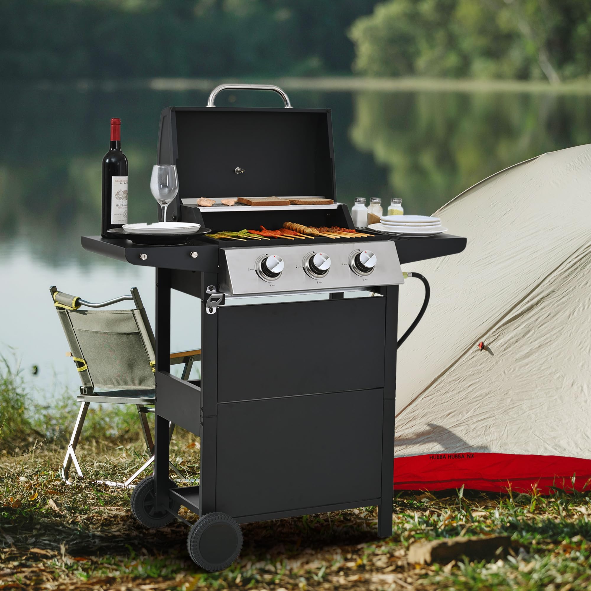 3 Burner Propane Gas Grill - Heavy-Duty Stainless Steel Outdoor BBQ Grill with Wheels & Cabinet Style | Perfect for Backyard Cooking, Garden Parties, and Tailgating Events