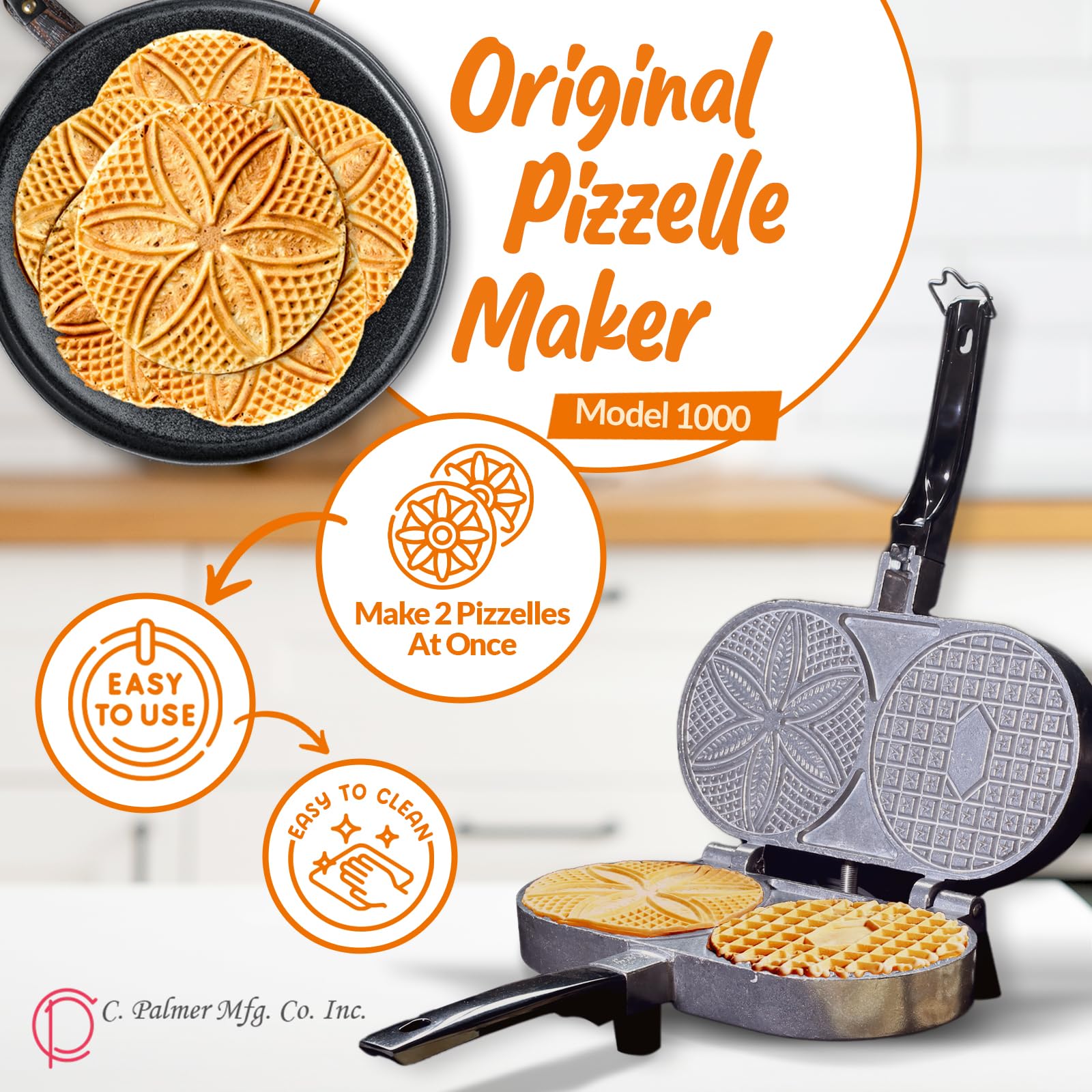 Authentic C. Palmer Pizzelle Iron Model 1000 - 800W Electric Pizzelle Maker (American Made) - Bakes Two 5-Inch Traditional Italian Waffle Cookies - Perfect for Holiday Baking, Housewarming Gifts & Italian Dessert Lovers
