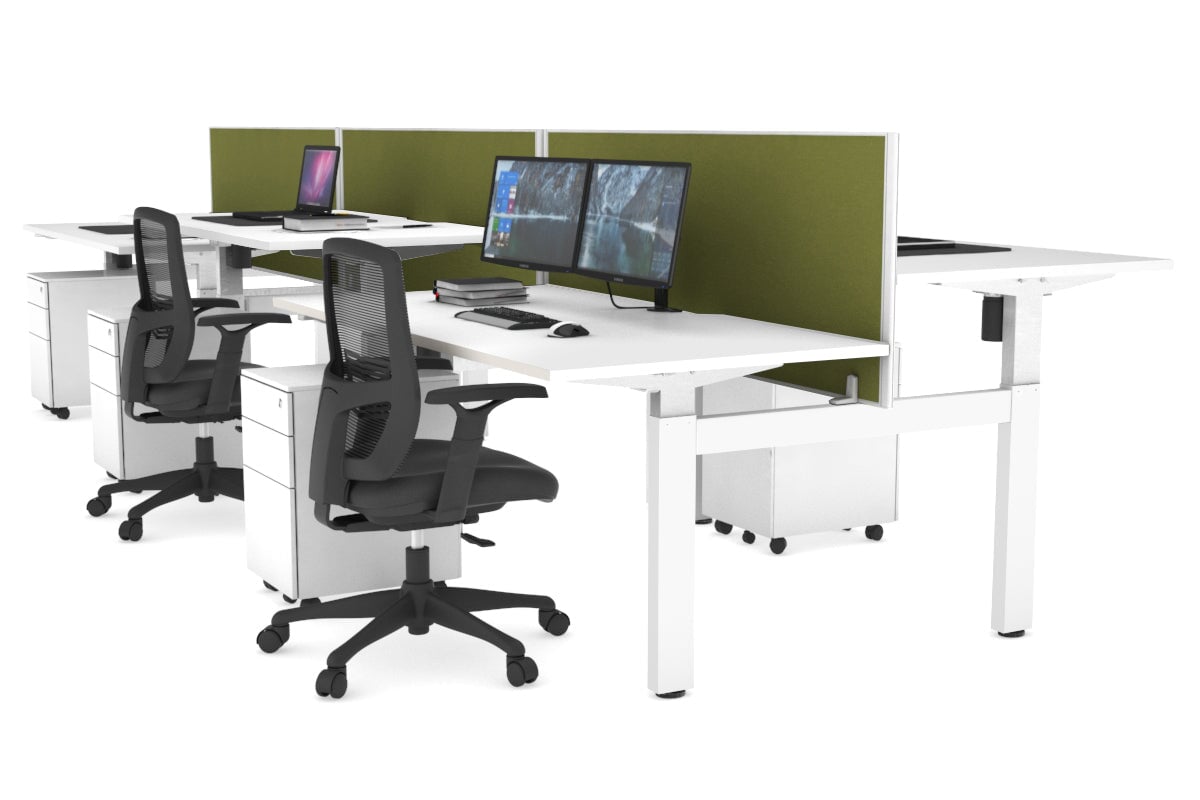 Height Adjustable 6-Person H Bench Workstation with White Frame - 1600L x 800W, Cable Management Scallop | Ideal for Office, Coworking Spaces & Collaborative Work Environments
