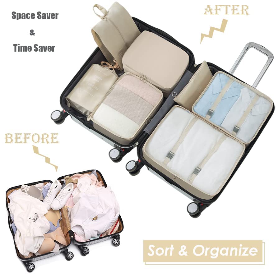 TECHSUN 7-in-1 Travel Organizer Set - Nylon Packing Cubes with Laundry Bag, Cosmetic Case & Shoe Compartment for Luggage (Beige) | Perfect for Business Trips, Vacations & Weekend Getaways