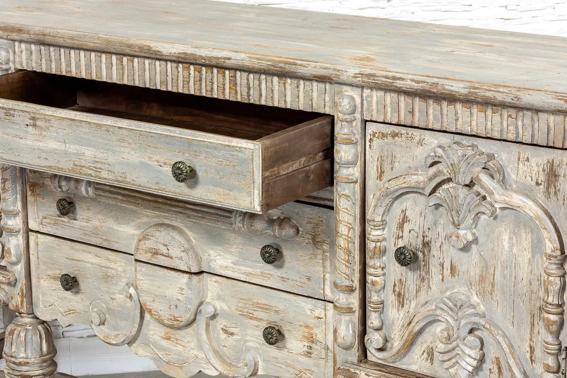 French Arched Hand Carved Indian Solid Wood Console Table - Grey 02 - Elegant Entryway Furniture for Hallway, Living Room & Foyer Decor