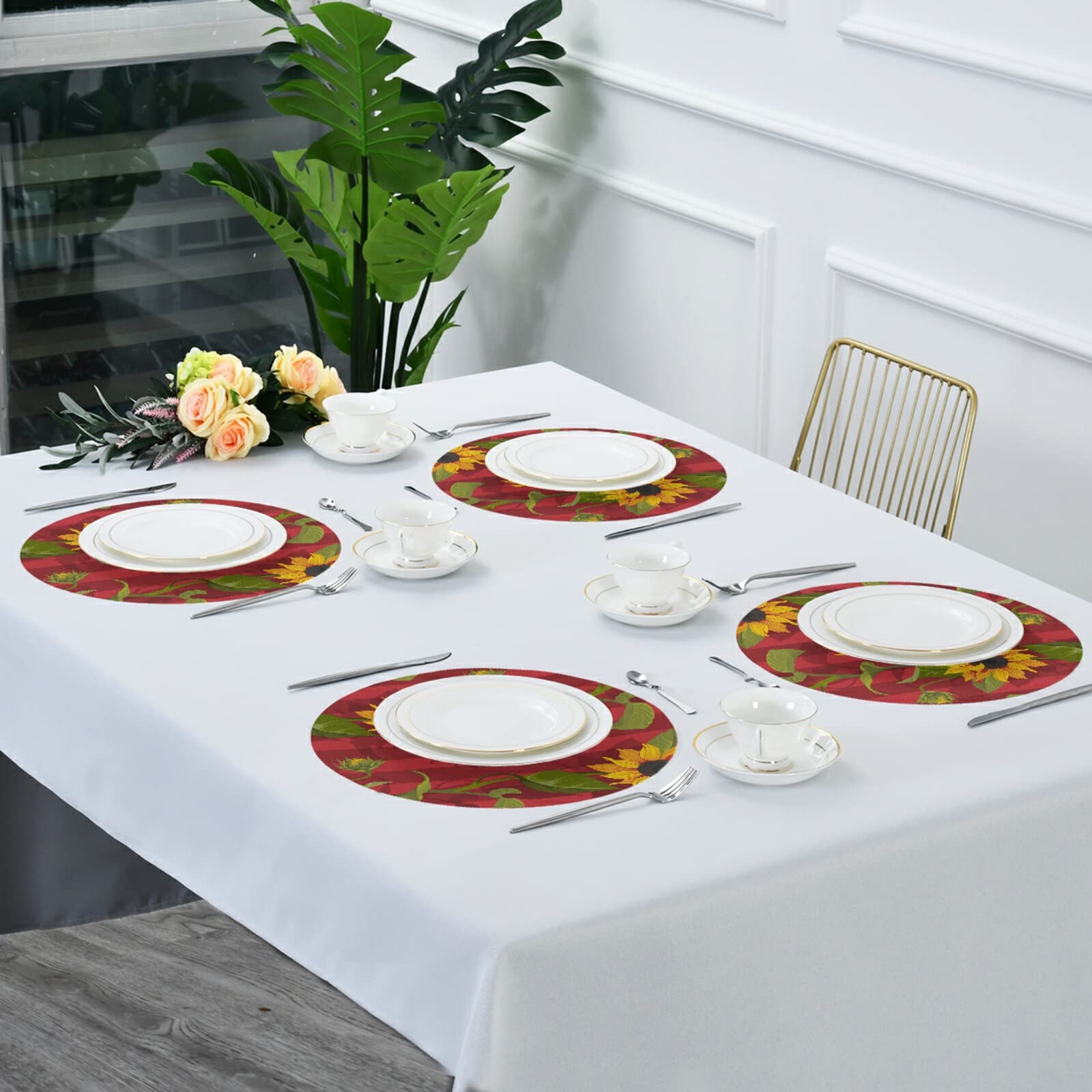 Susiyo Round Placemats Set of 4 - Sunflower Red Stripes Kitchen Table Mats, 15