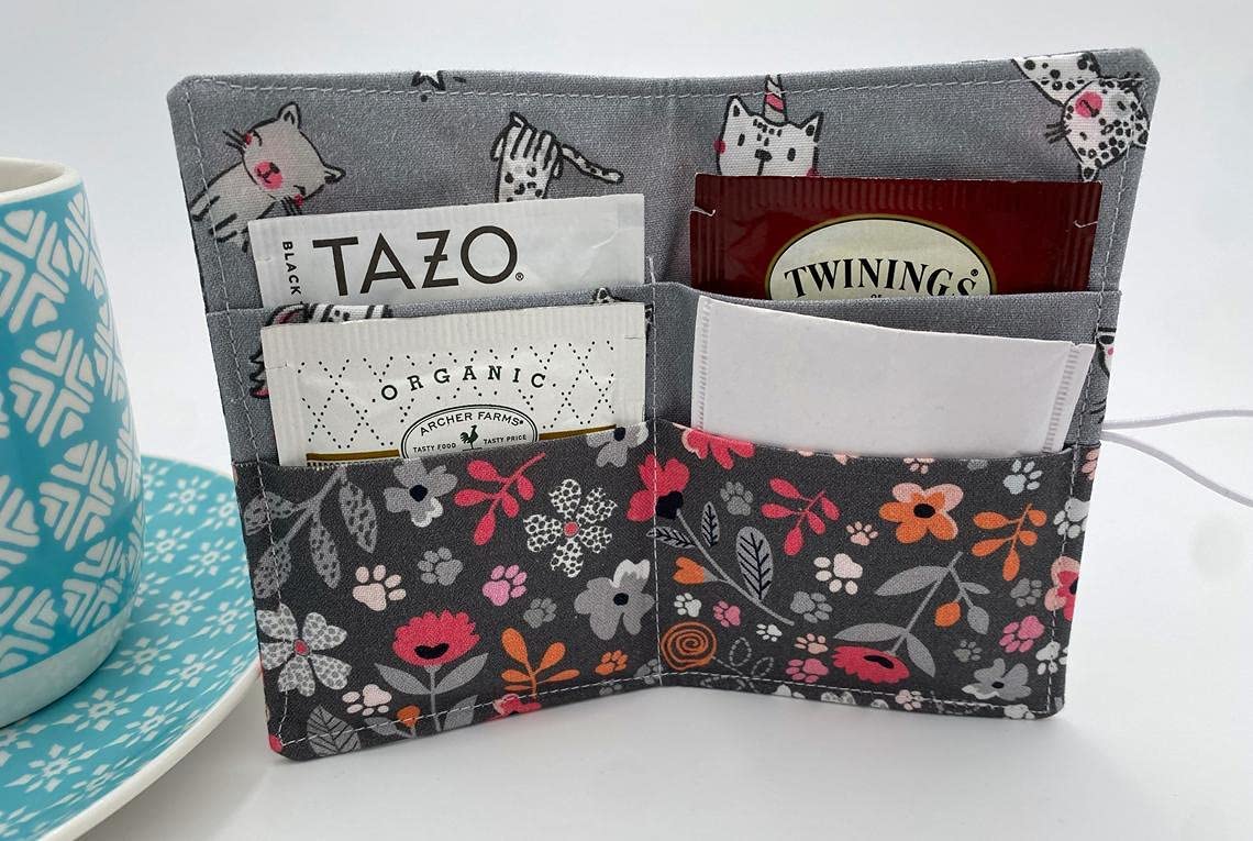 Floral Kitty Gray Tea Bag Organizer Wallet Case - Portable Storage for Tea Bags, Perfect for Travel, Office & Home Use