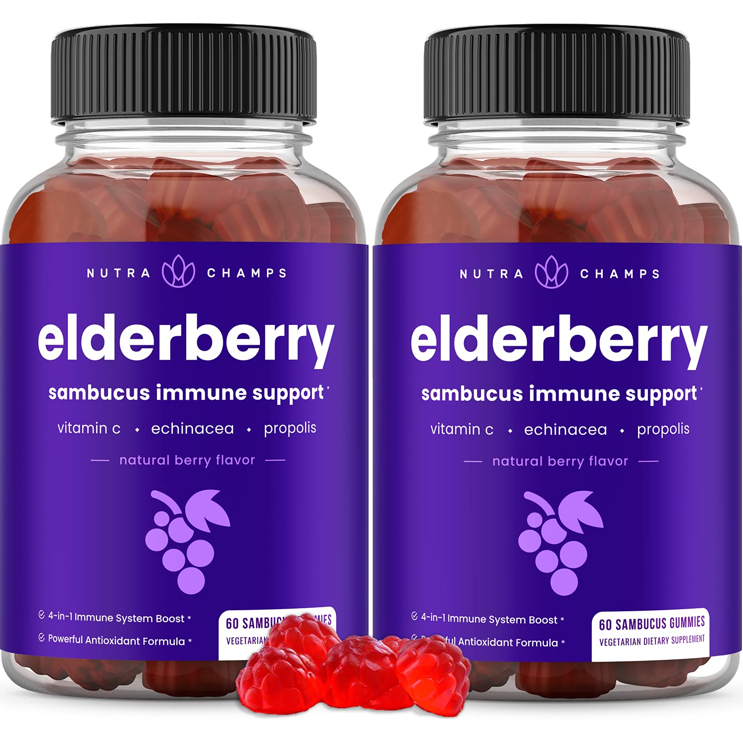 NutraChamps Elderberry Gummies for Immune Support - Max Strength with Vitamin C, Propolis & Echinacea - Natural Berry Flavor Gummy Vitamins for Adults & Kids - 120 Gummies (Pack of 2) - Perfect for Daily Wellness & Cold Season Defense