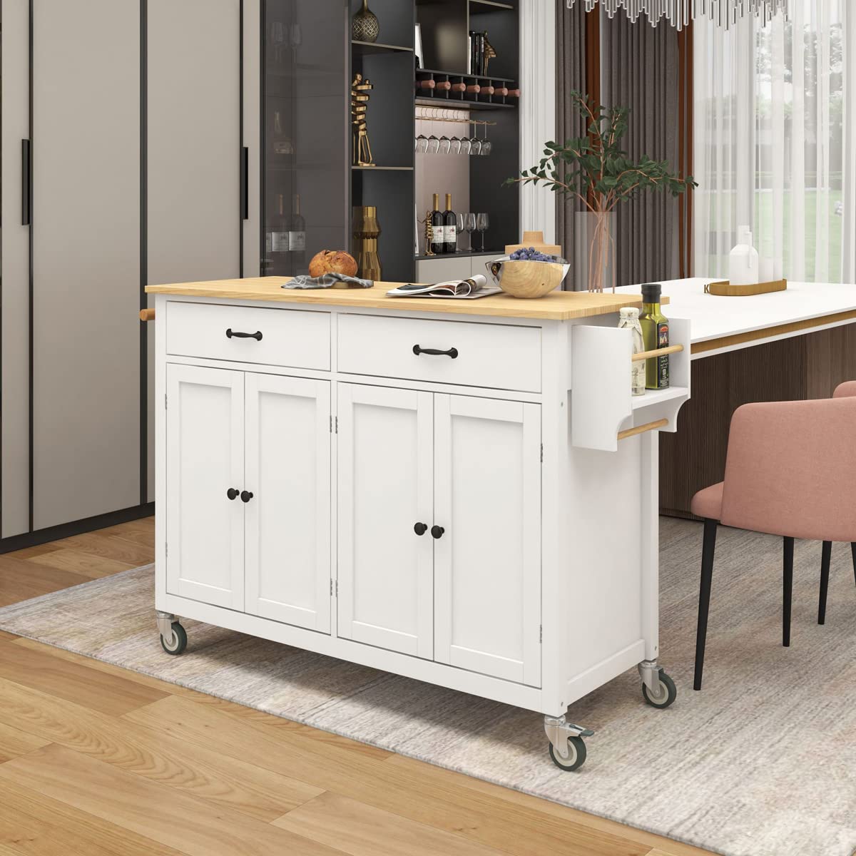 Teeker 54.3 Inch Kitchen Island Cart with Solid Wood Top - 4 Door Cabinet, 2 Drawers, Spice Rack & Towel Rack - Locking Wheels for Stability (White) | Perfect for Small Kitchens, Dining Room Storage & Mobile Prep Station