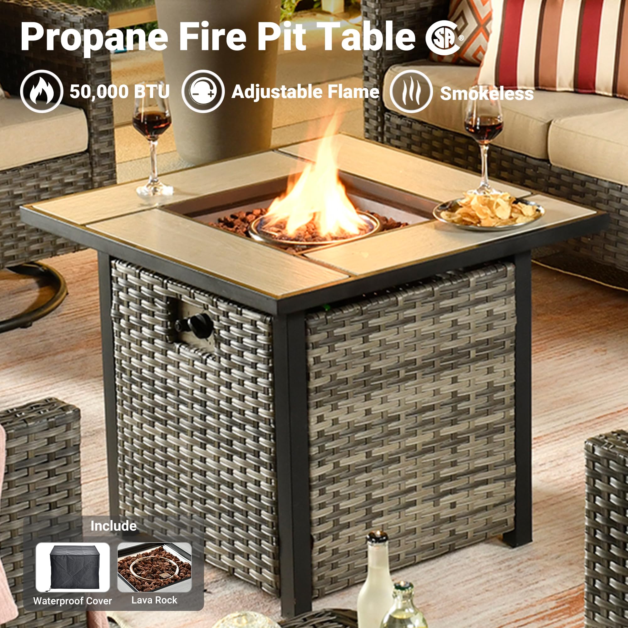 6-Piece Outdoor Patio Furniture Set with Square Fire Pit Table, Swivel Rocking Chairs & Loveseat - High Back Wicker Rattan Conversation Set for Deck, Porch, Backyard (Beige) | Perfect for Entertaining, Relaxing & Outdoor Gatherings