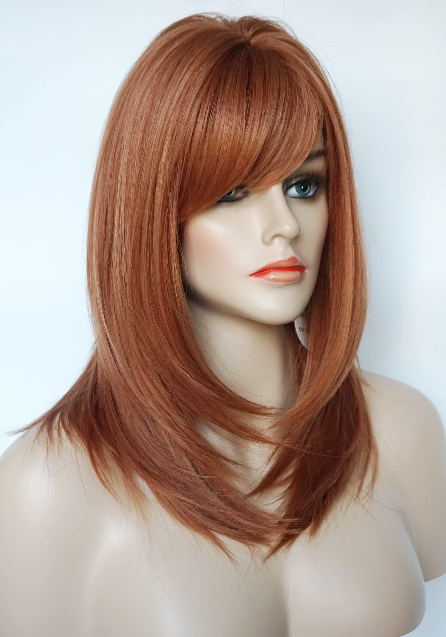 Brown Red Shoulder Length Auburn Wig for Women - Medium Layered Synthetic Wig with Bangs (Copper Red) - Perfect for Cosplay, Halloween, and Daily Fashion