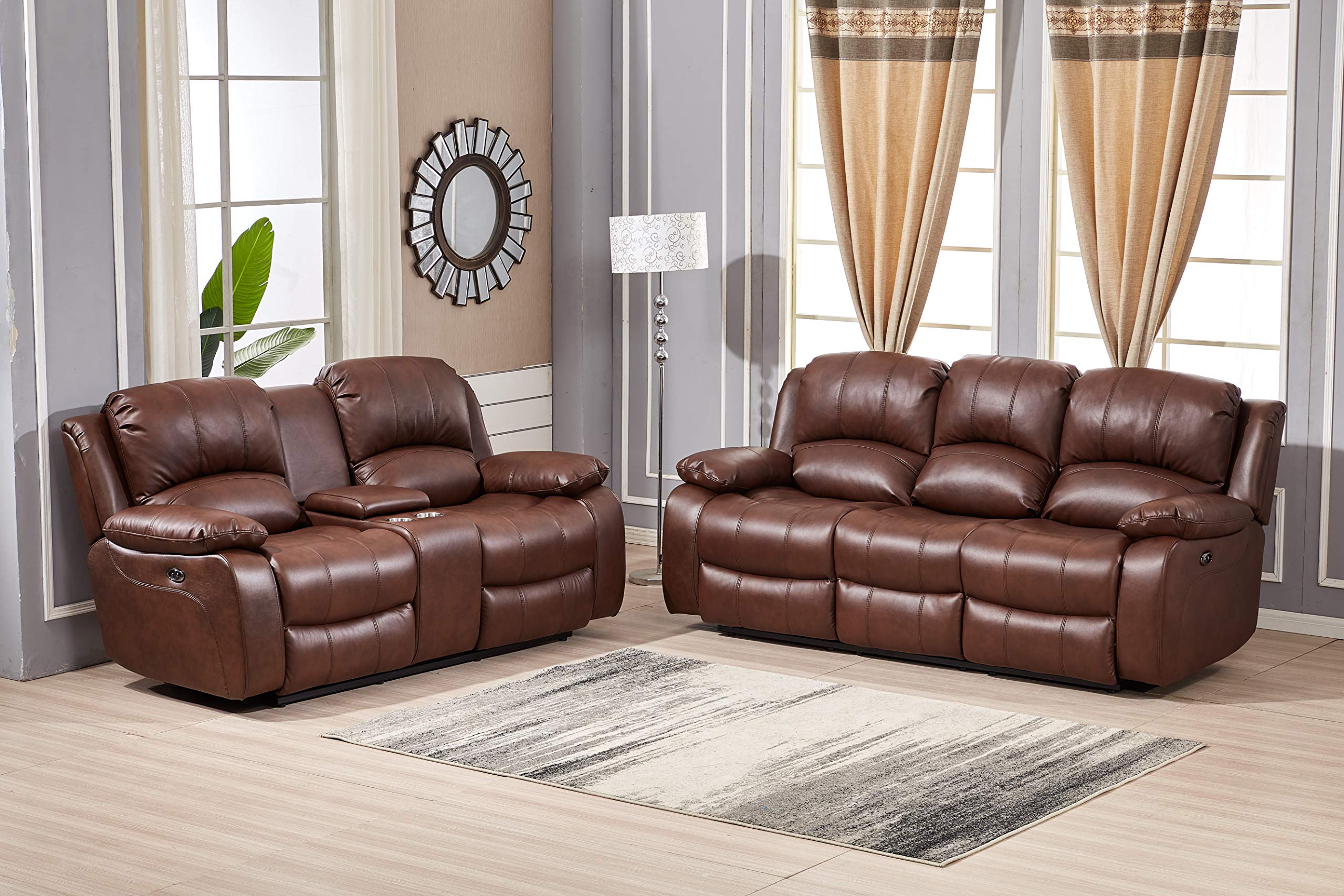 Betsy Furniture Power Reclining Bonded Leather Living Room Set - 3-Piece Sofa and Loveseat in Rich Brown | Comfortable Sectional for Home Theater, Family Room & Relaxation
