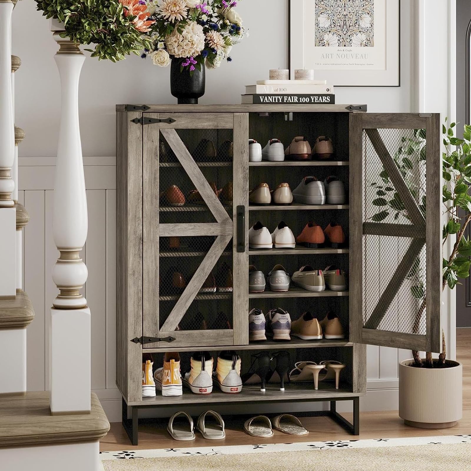 Maupvit 6-Tier Farmhouse Shoe Cabinet with Doors - Adjustable Shelves & Sturdy Metal Legs, Rustic Entryway Hallway Storage Organizer for Shoes, Boots & Accessories | Perfect for Living Room, Closet & Mudroom Organization