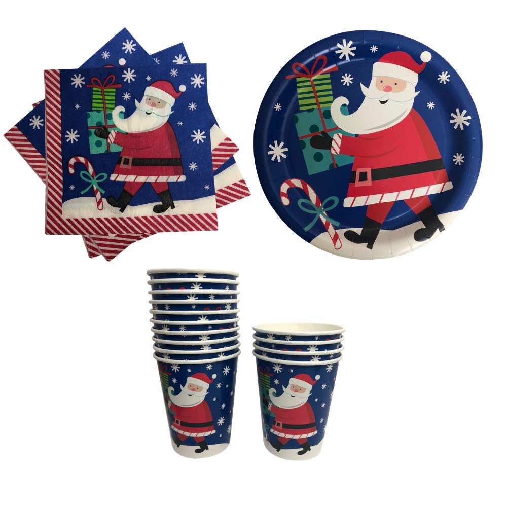 Santa Christmas Paper Plates, Napkins & Cups Set - Holiday Party Supplies for Xmas Dinner, Decorations (2018 Blue) - Perfect for Family Gatherings, Office Parties & Festive Celebrations