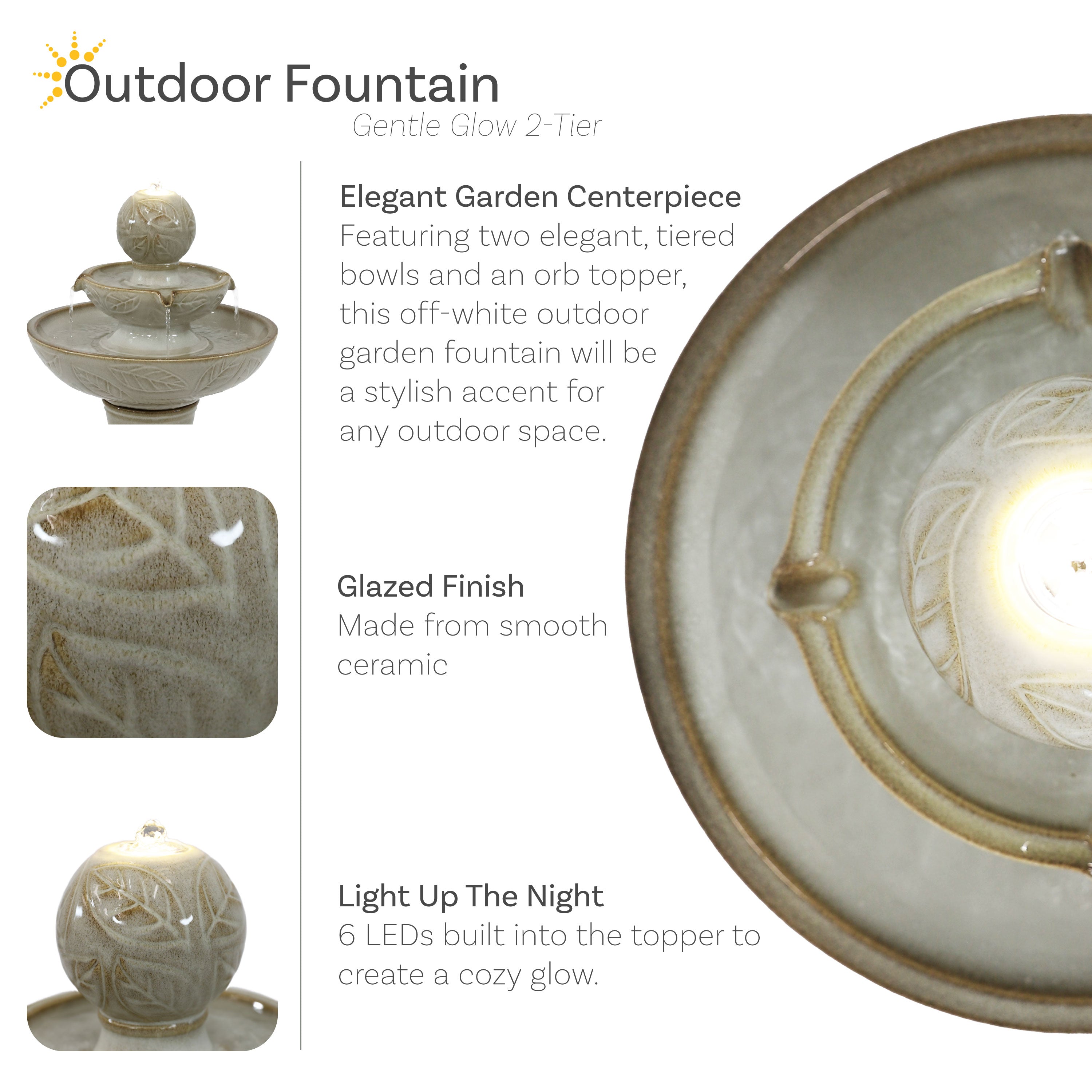 Sunnydaze Gentle Glow 2-Tier Ceramic Outdoor Fountain with LED Lights - Relaxing Water Feature for Garden, Patio, and Backyard Decor