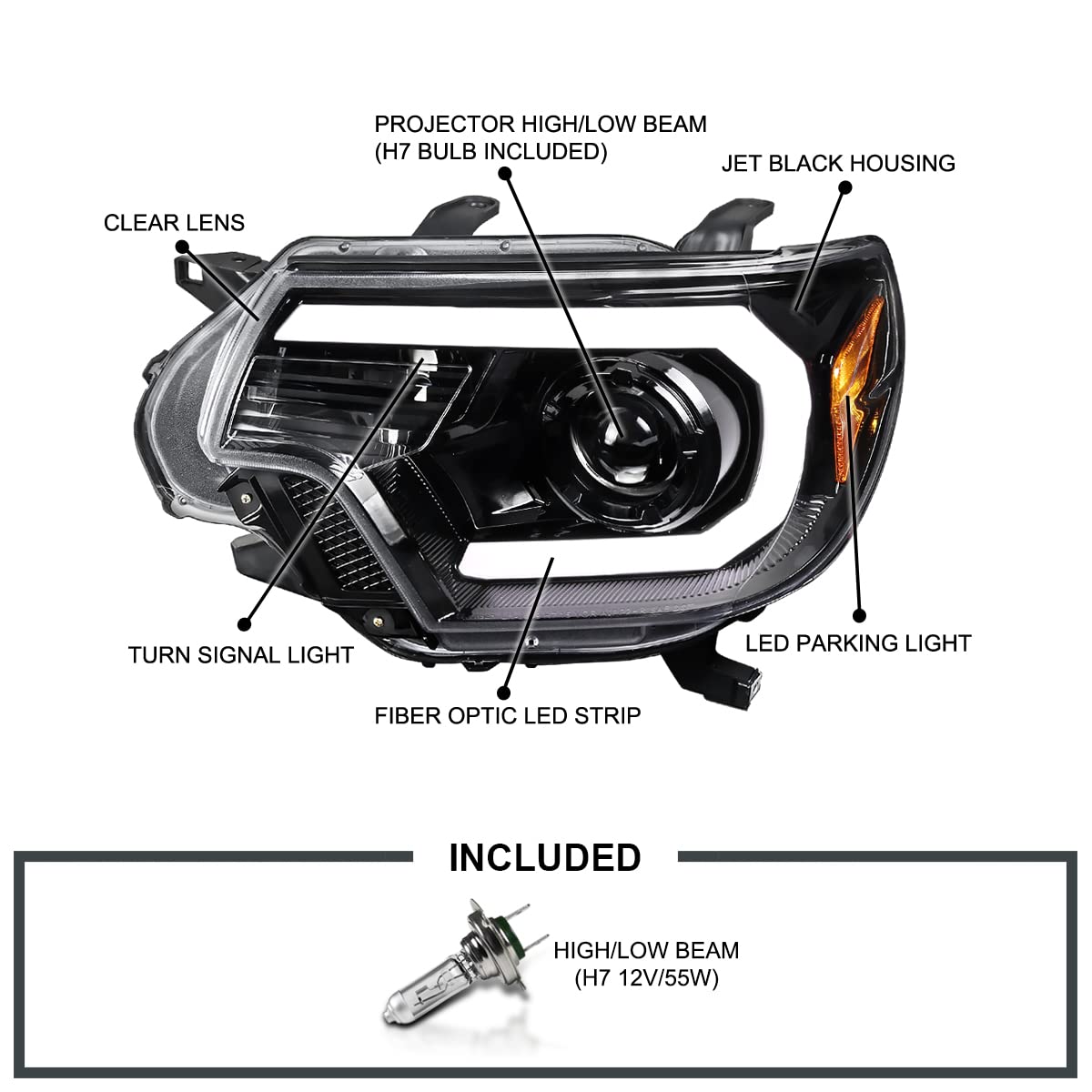 Spec-D Tuning Jet Black LED Light Bar Projector Headlights for 2012-2015 Toyota Tacoma - Left & Right Pair Headlamp Assembly - Upgrade Your Off-Road Lighting for Night Driving & Adventure