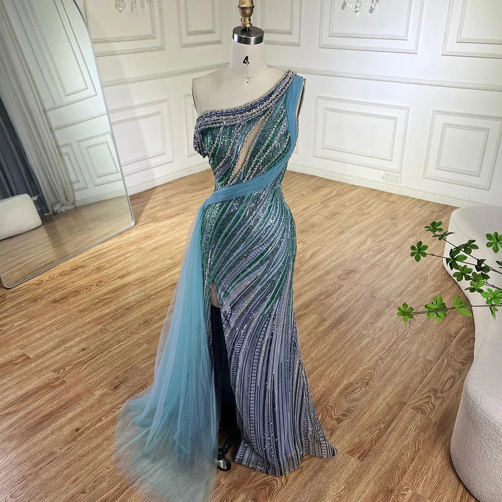 Luxury Dubai Arabic One Shoulder High Slit Blue Mermaid Gown - Beaded Saudi Evening Dress for Formal Occasions - Perfect for Weddings, Galas & Red Carpet Events LA72718