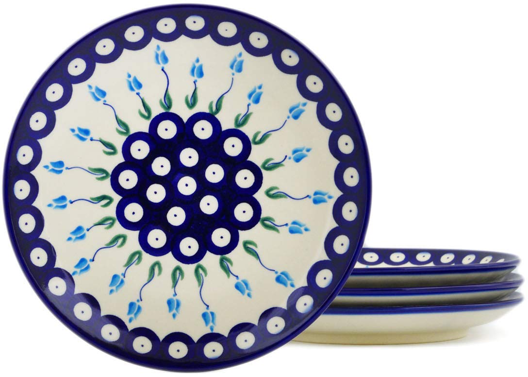 Authentic Polish Pottery 4-Piece Dessert Plate Set - Peacock Tulip Garden Design - Handmade Ceramic Plates with Certificate of Authenticity - Perfect for Afternoon Tea, Dessert Serving, and Home Decor