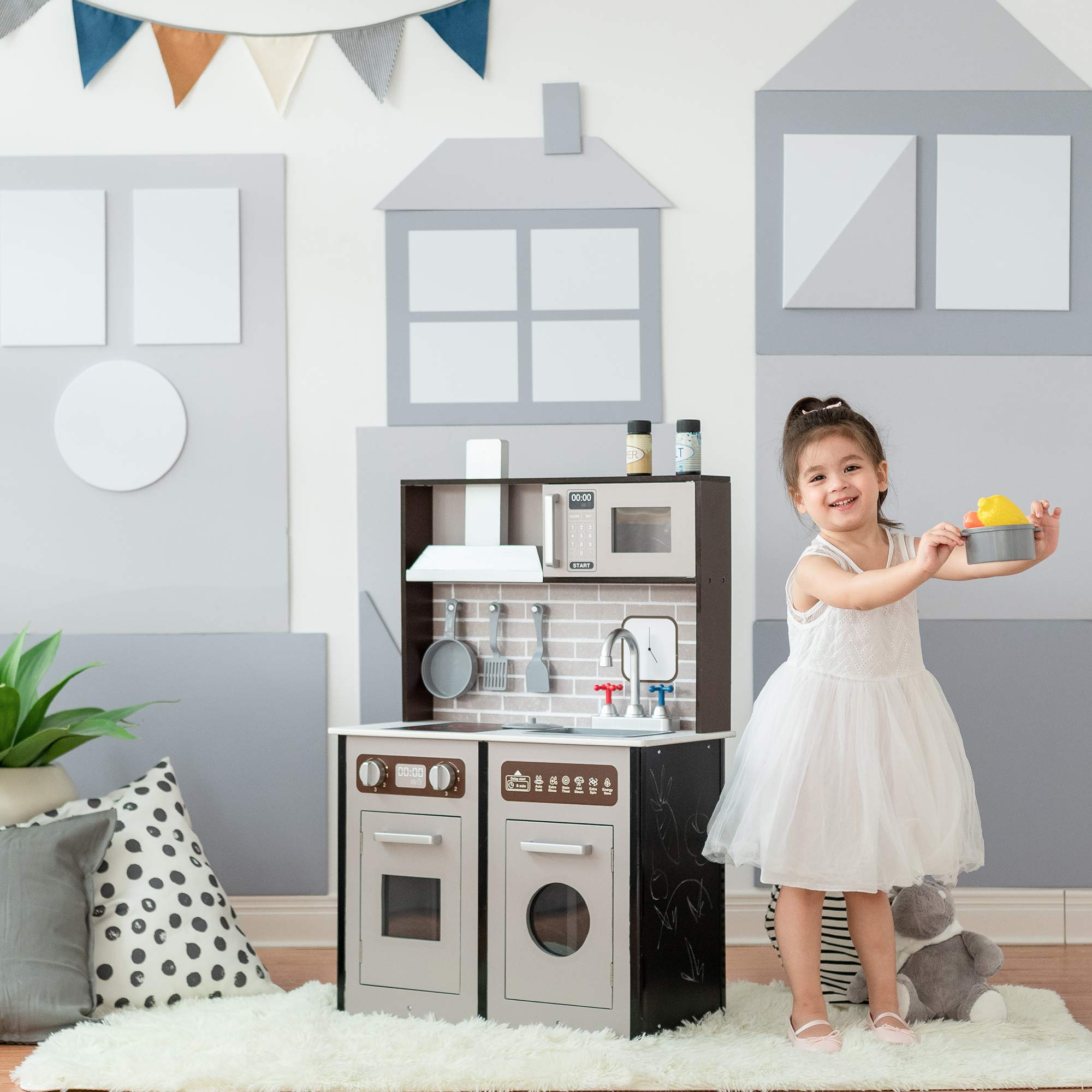 Teamson Kids Little Chef Burgundy Classic Pretend Play Kitchen Set - Espresso & Black Toy Kitchen for Toddlers & Preschoolers - Perfect for Imaginative Play, Role-Playing & Early Learning at Home or Preschool