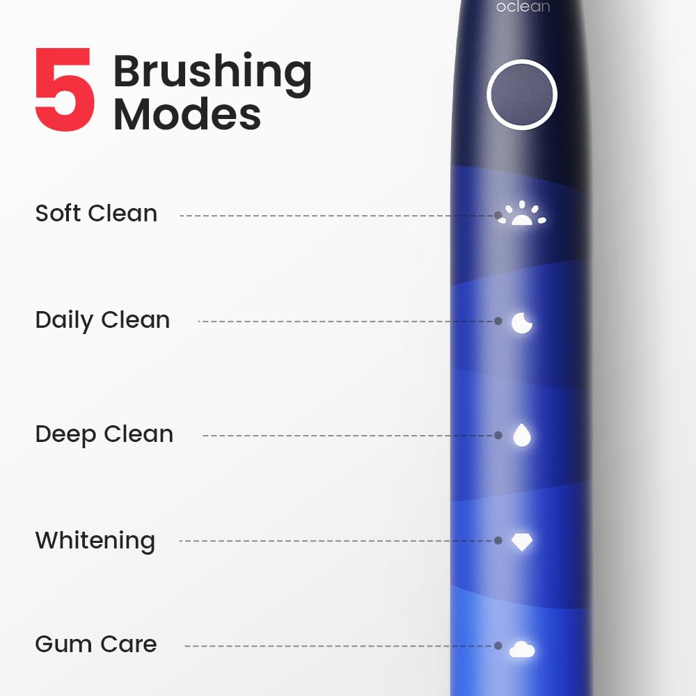 Oclean Electric Toothbrush for Adults - 150 Days Battery Life, USB Rechargeable Sonic Toothbrush with 6 Brush Heads & Travel Case, 5 Cleaning Modes & Smart Timer - Perfect for Travel, Home & Daily Oral Care
