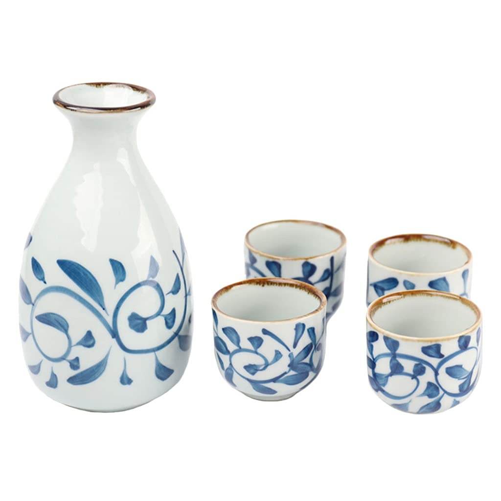 SLATIOM Japanese Ceramic Sake Set - 1 Pot & 4 Cups, Traditional Sake Wine Serving Set, Handcrafted Ceramic Storage Holders for Home Bar, Restaurant & Gift Use