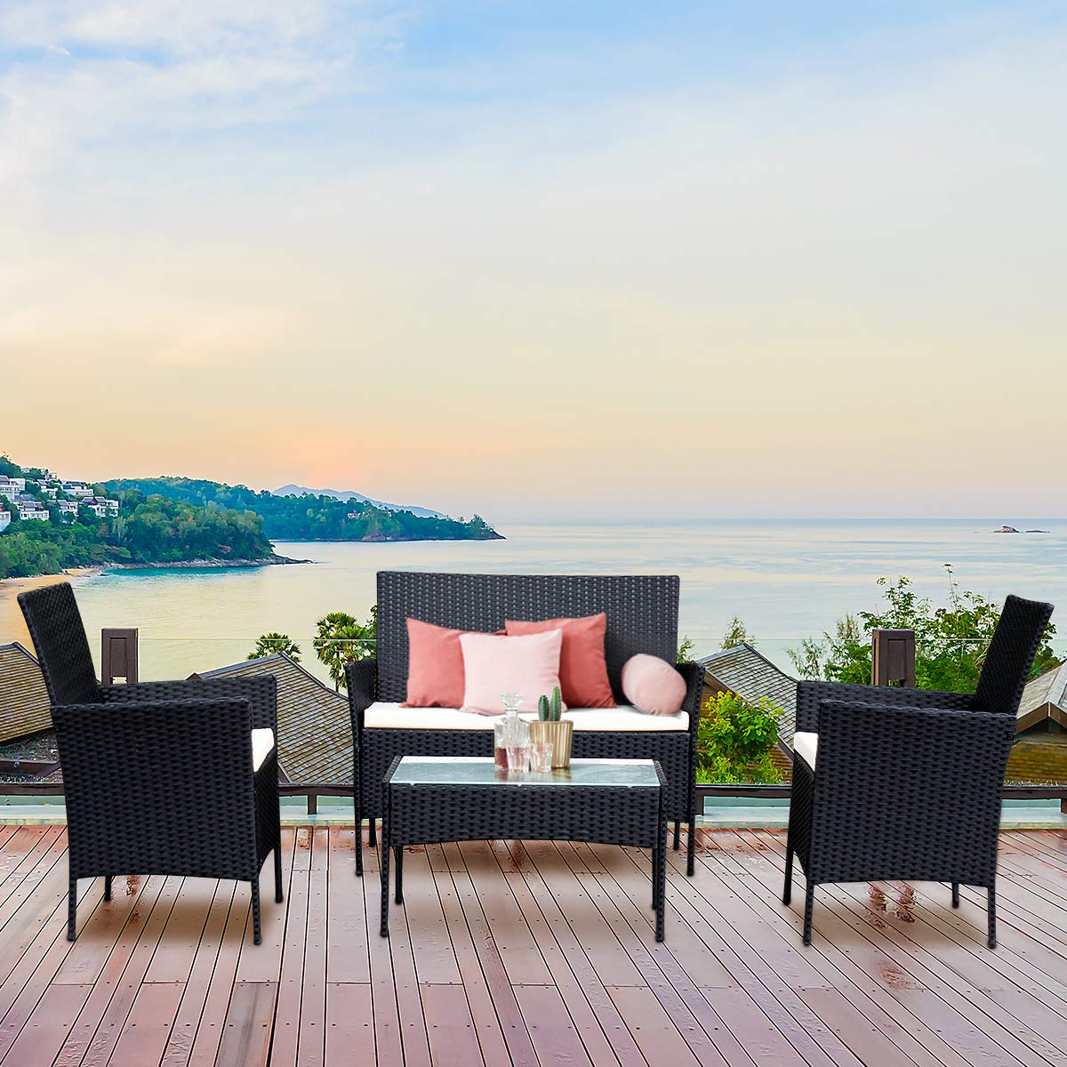 Goplus 4-Piece Rattan Patio Furniture Set with Cushions & Tempered Glass Coffee Table - Outdoor Garden Sofa Set for Balcony, Backyard, Poolside (Black) - Perfect for Relaxing, Entertaining & Sunbathing