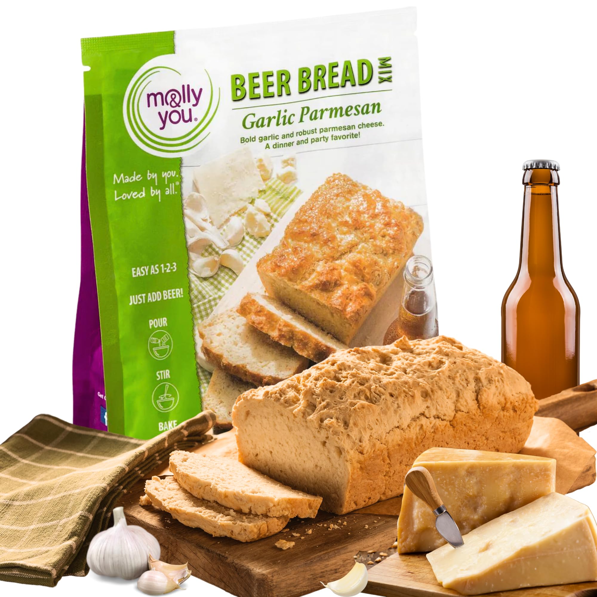 Molly & You Garlic Parmesan Beer Bread Mix (Pack of 1) - Gourmet Artisan Bread Kit - No Bread Machine Required - Just Add Beer or Soda - Perfect for Parties, Gifts & Homemade Bread Lovers