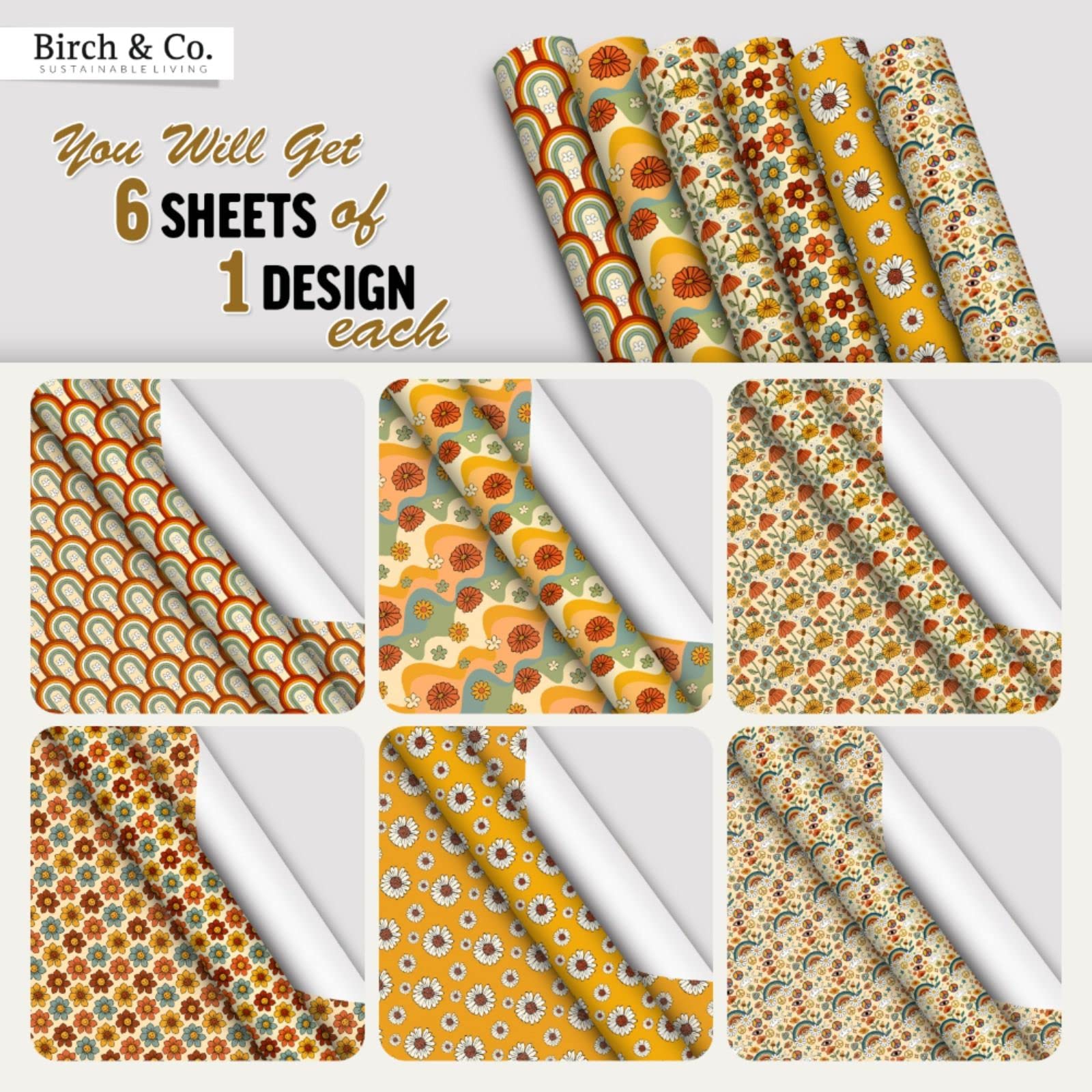 Premium Birch & Co. Gift Wrapping Paper Set - 6 Assorted Sheets for Elegant Present Packaging - Perfect for Birthdays, Weddings & Holiday Gifts