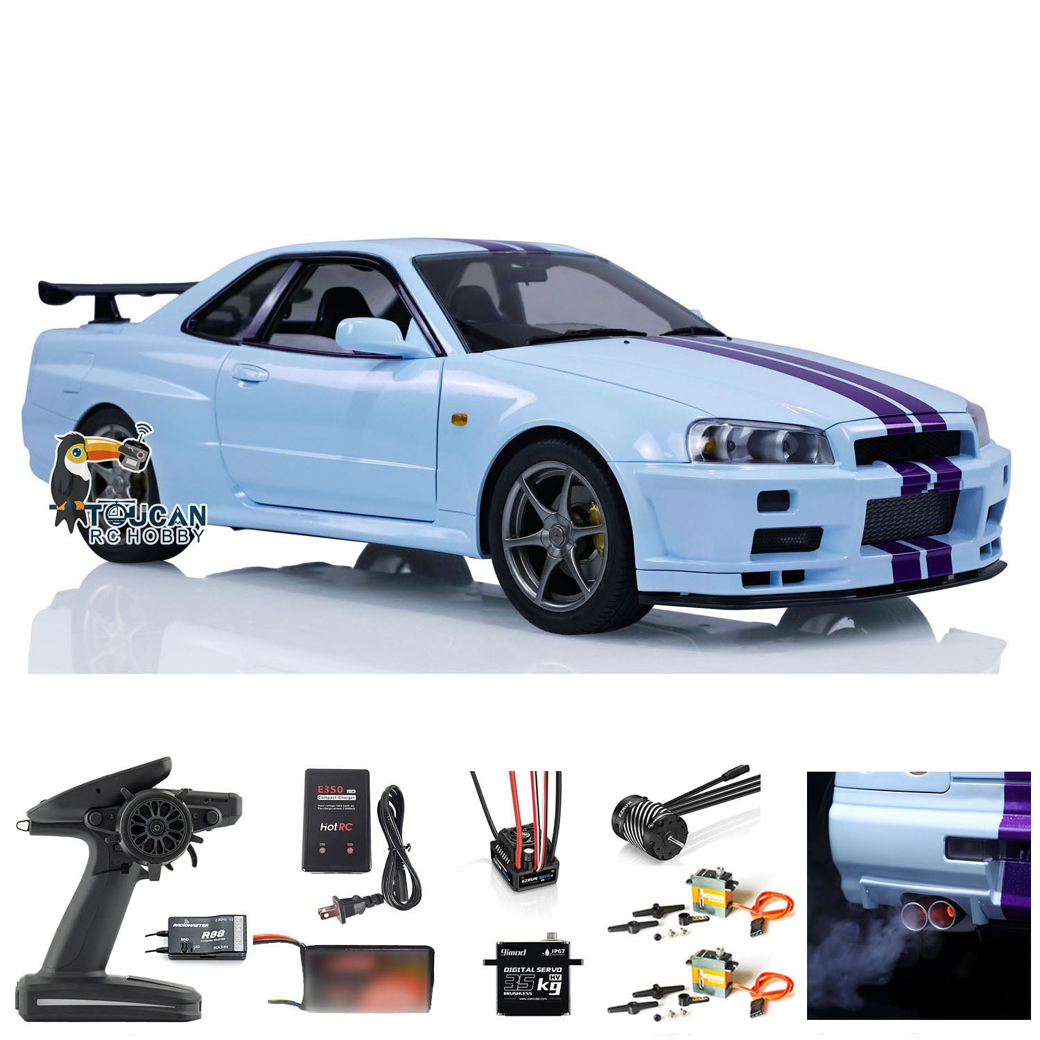 1/8 Scale 4WD Metal RC Racing Car - R34 4x4 High Speed Remote Control Drift Vehicle with Sound & Smoke Effects (RTR Ready-to-Run) - Perfect for Indoor/Outdoor Racing, Drifting & Off-Road Adventures
