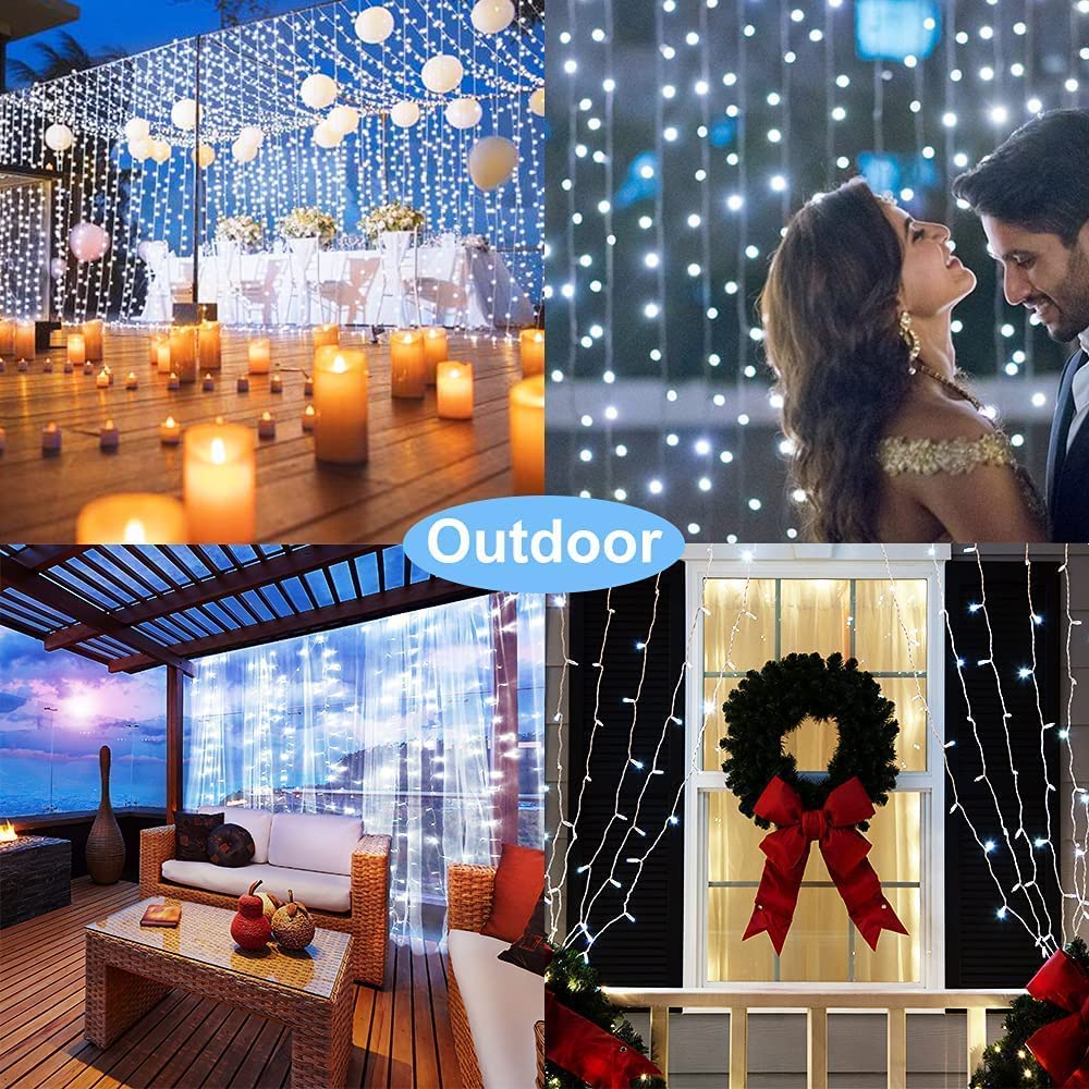 2 Pack Solar Curtain Lights Outdoor - 300 LED Waterproof Fairy String Lights with Remote Control & 8 Modes | Solar Powered Garden Lights for Gazebo, Patio, Party, Wedding, Christmas Decorations (White) | Perfect for Backyard, Balcony, and Holiday Lighting