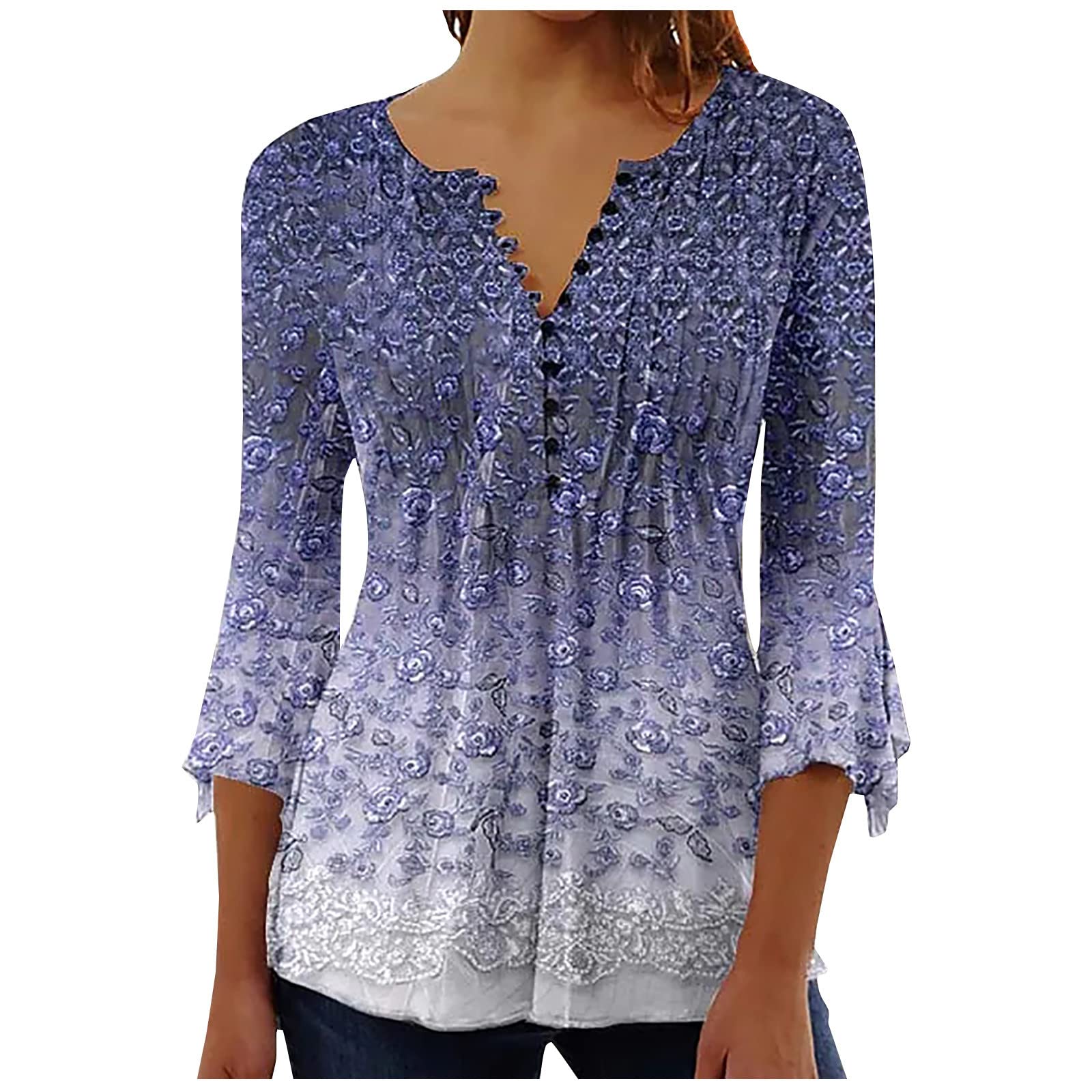Trendy Women's Summer Tops - 3/4 Sleeve V-Neck Button-Up Tunic Blouse with Floral Pleated Design | Perfect for Beach Outings, Casual Wear & Office Attire