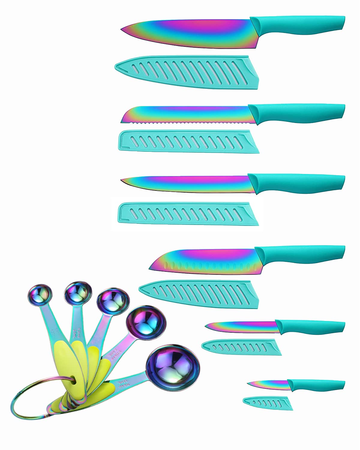 **17-Piece Marco Almond Stainless Steel Knife Set with Spoons & Blade Guards - Rainbow Color Kitchen Knives for Cooking, Baking & Meal Prep**
