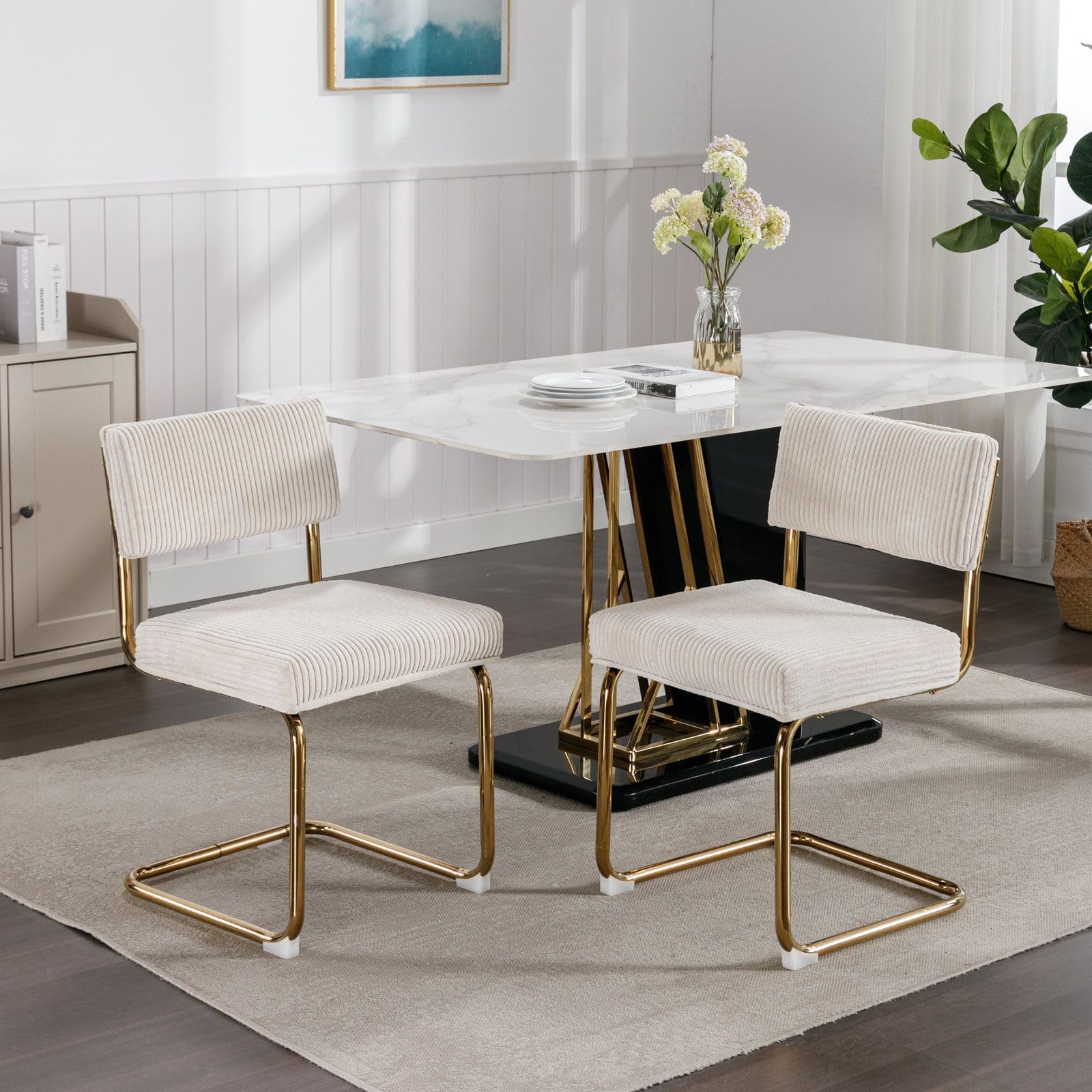 Rhomtree Modern Dining Chairs Set of 4 - Gold Metal Base & Corduroy Fabric Upholstery, Channel Tufted Armless Kitchen Chairs for Dining Room, Living Room, Bedroom - Beige | Elegant Home Decor & Comfortable Seating for Dinner Parties & Relaxation
