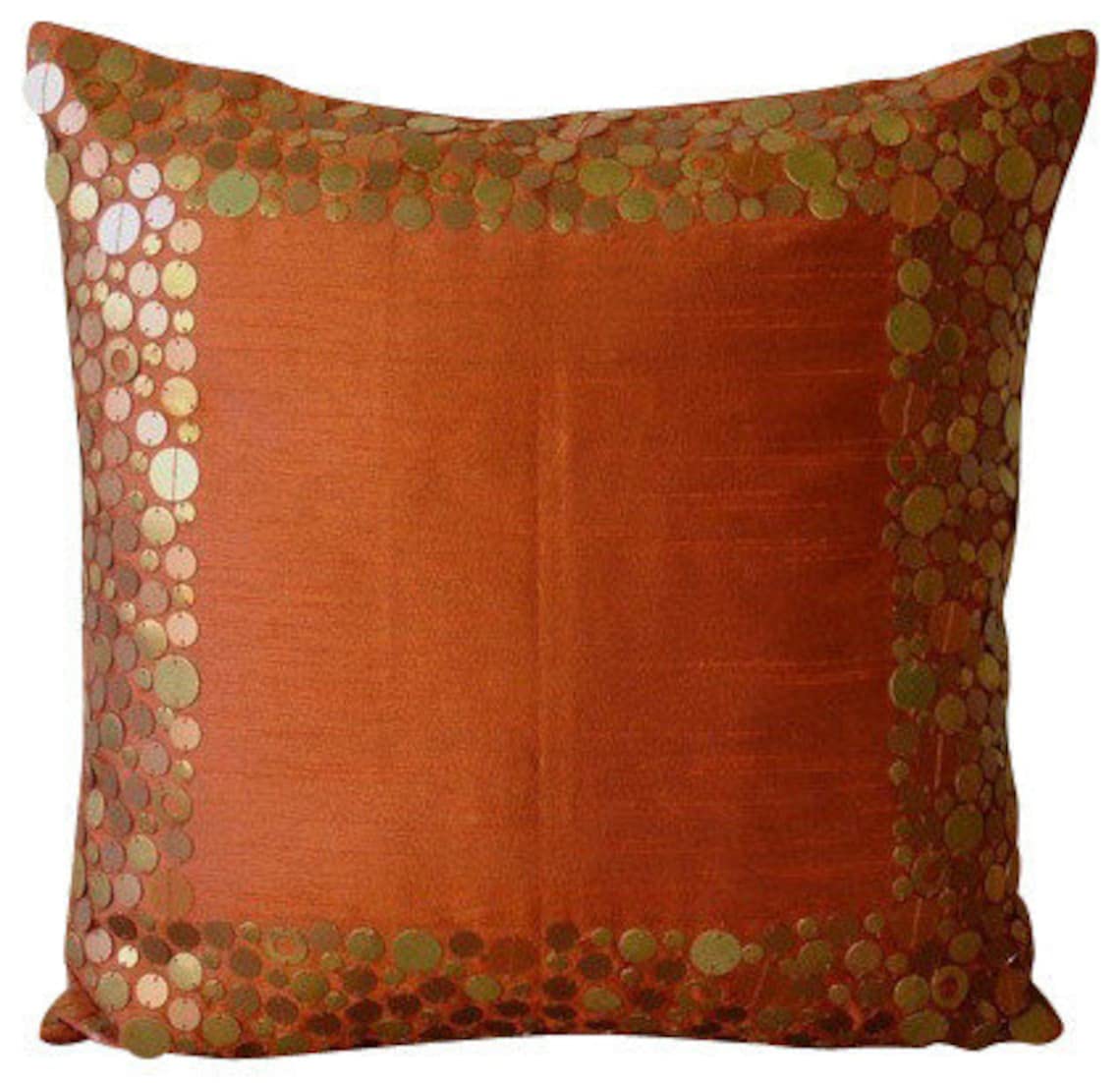 Premium Rust Glamor Metal Sequins Bordered Pillow Sham - 24x24 Inch (60x60 cm) Square Silk Pillow Cover for Sofa, Bed, Couch - Modern Home Decor for Easter & Holiday Season